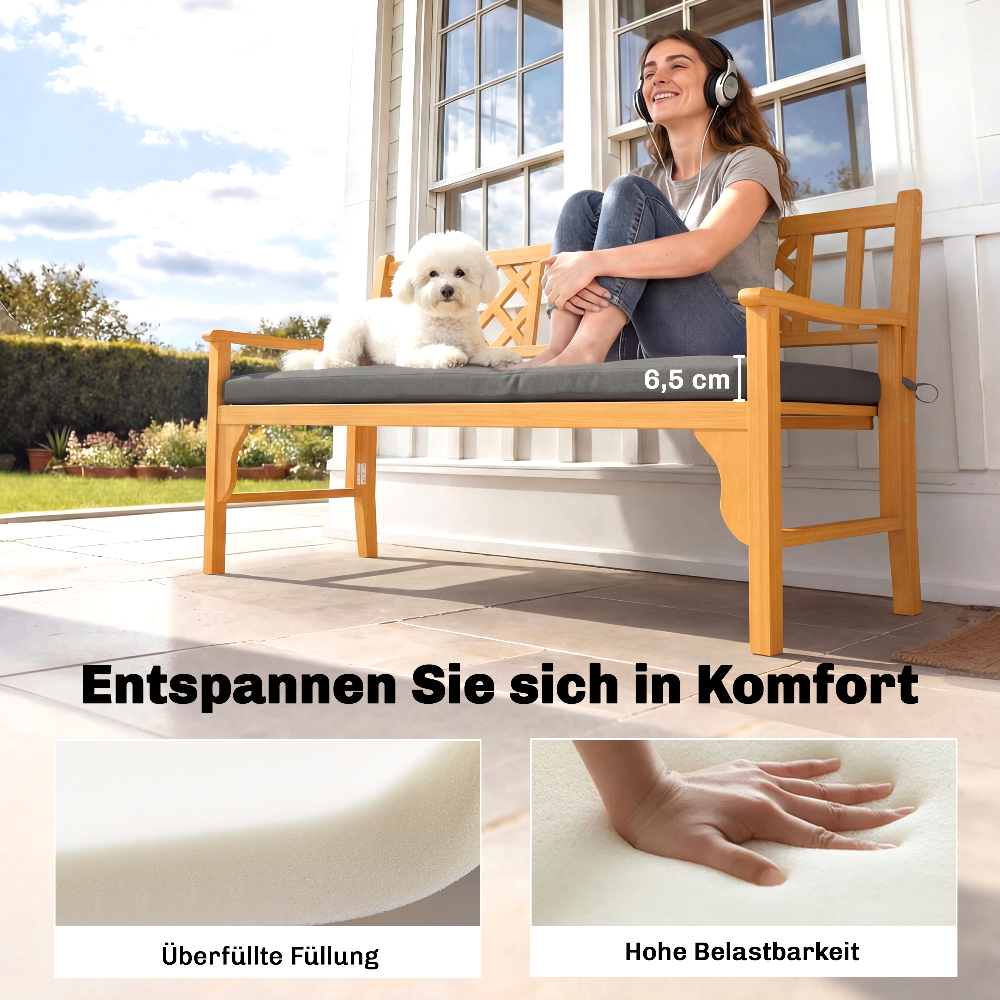 wasserabweisendes Bankkissen, Outdoor-Sitzpolster mit abnehmbarem Bezug und Befestigungsbändern für Garten und Terrasse, 110 x 46 cm, Dunkelgrau