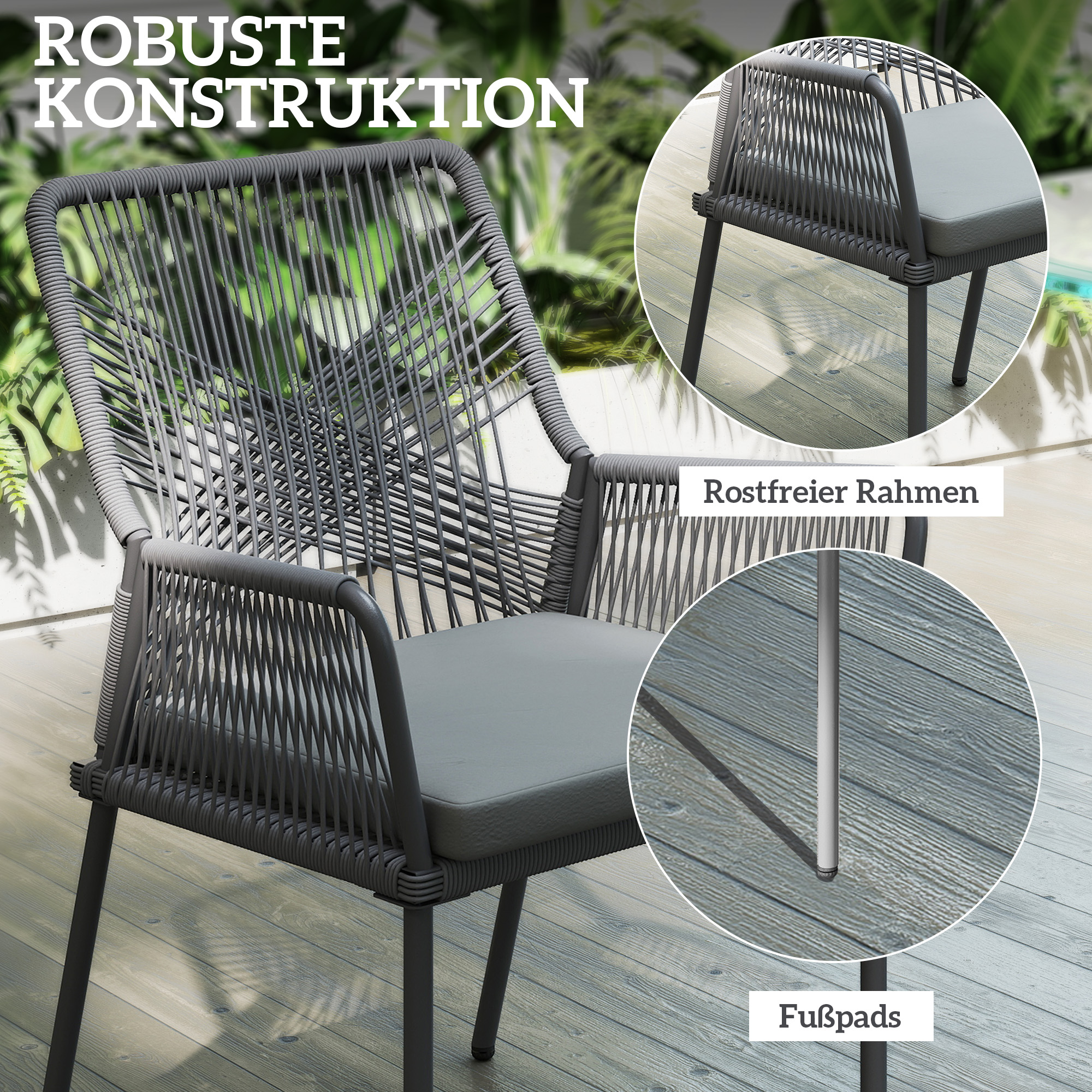 2er-Set Gartenstühle, Terrassenstühle, waschbare Kissen, Rückenlehne, Armlehnen, Stahl, Rattan, Dunkelgrau
