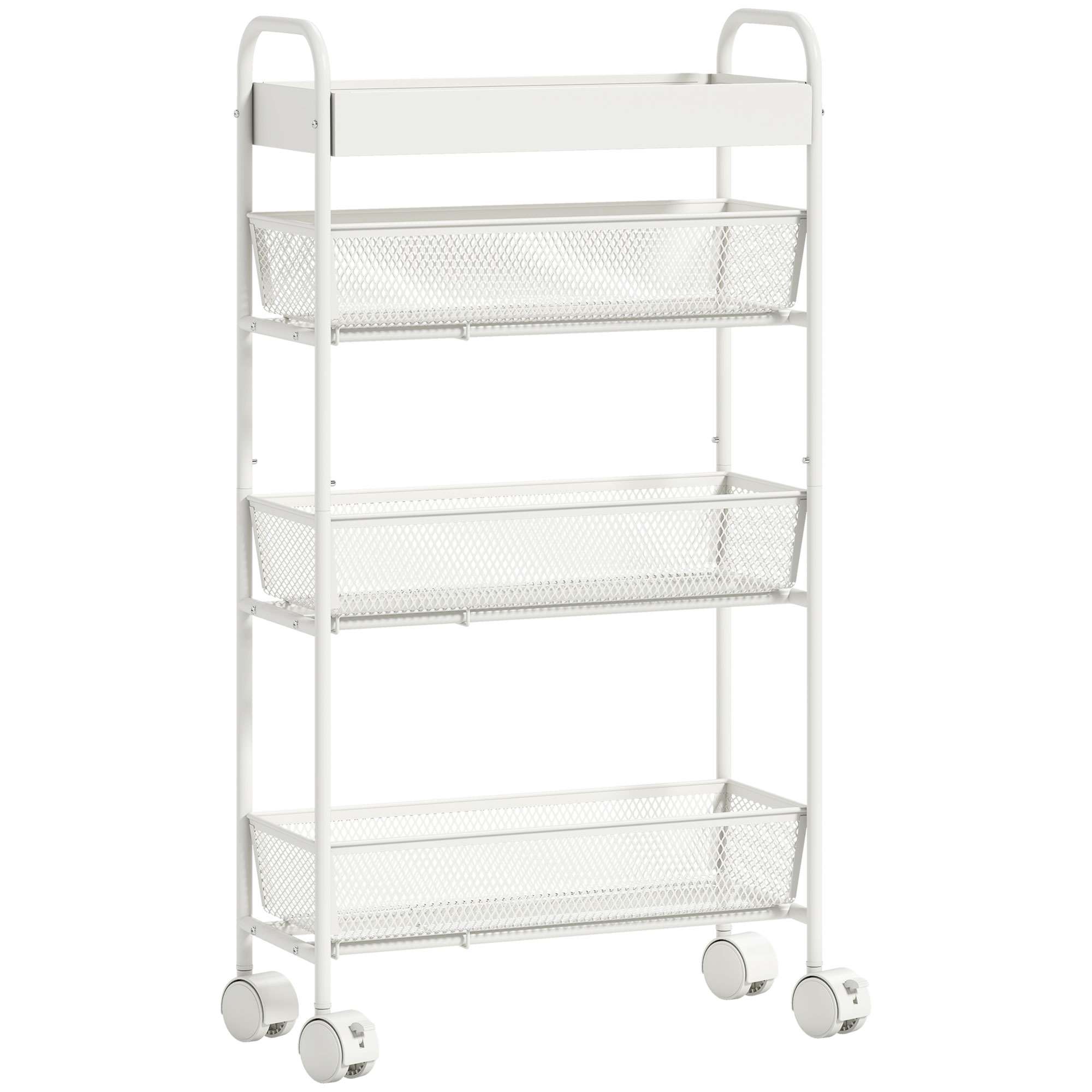 Küchenwagen aus Metall, 3 Körbe, schmales Design, 4 Räder, für Küche, Wohnzimmer, Badezimmer, Weiß