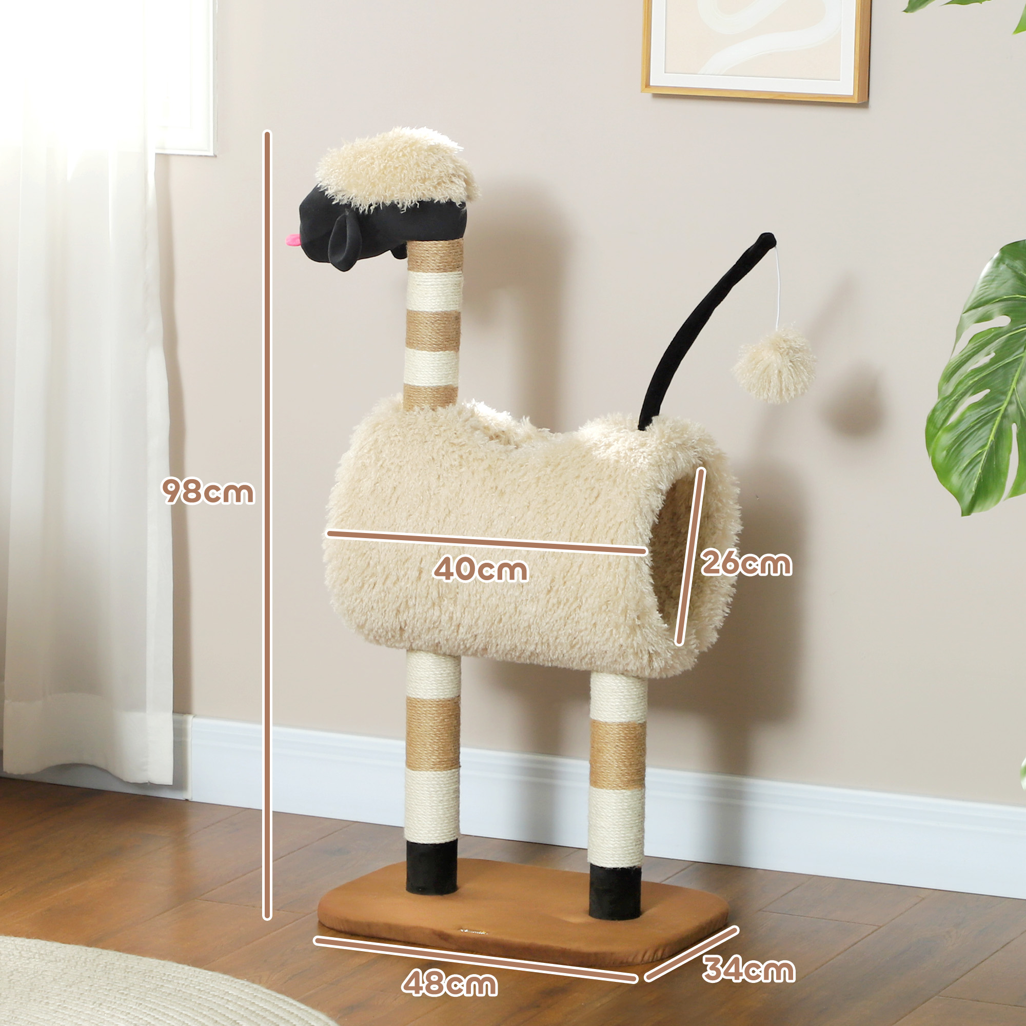 Katzenbaum im Schaf-Design, mit Kratzpfosten, Tunnel und Spielzeug, 98 cm, Hellbraun