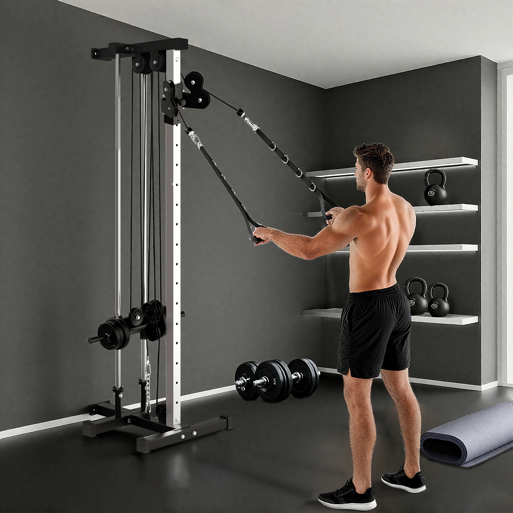Kraftstation höhenverstellbar 25-165 cm mit Dual-Pulley-Systemen Adaptern 62 x 60 x 200 cm Schwarz