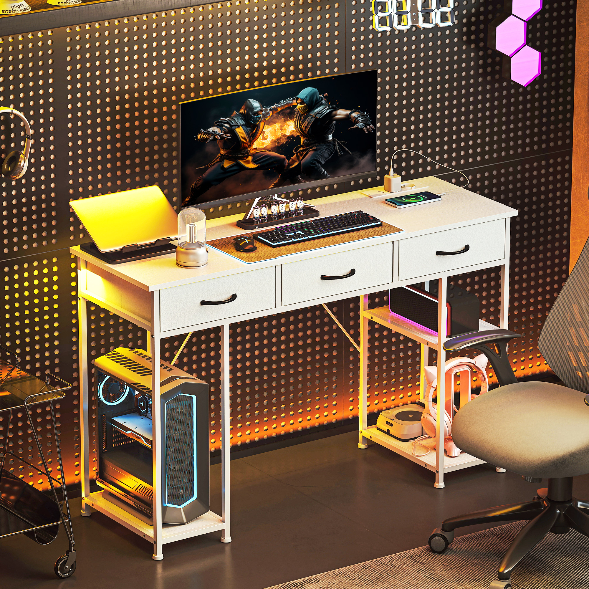 Schreibtisch Küchentisch mit 2 USB-Ladeanschlüssen 2 Steckdosen verstellbare Regale 3 Stoffschubladen 120x40x76 cm Weiß