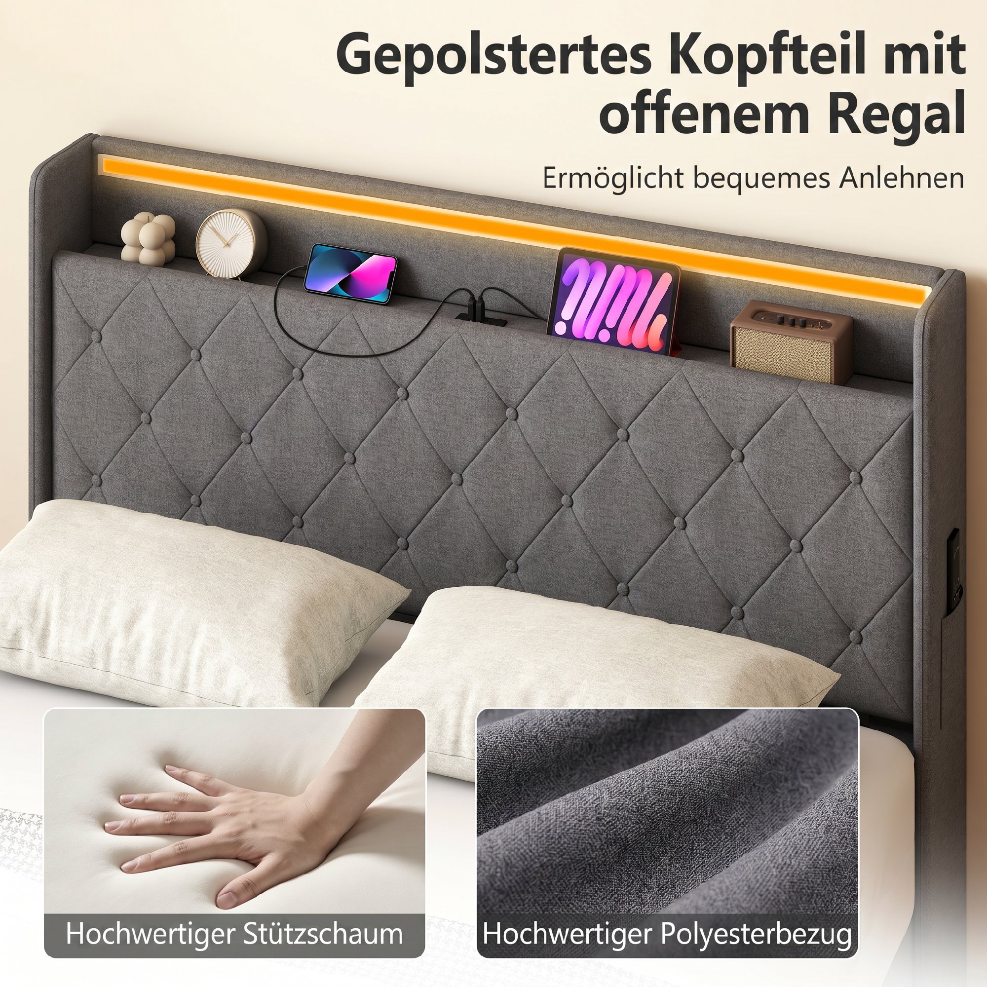 Bettgestell 140 x 200 cm mit Kopf- und Fußteil, Plattformbett mit hydraulischem Stauraum, LED-Lichtern