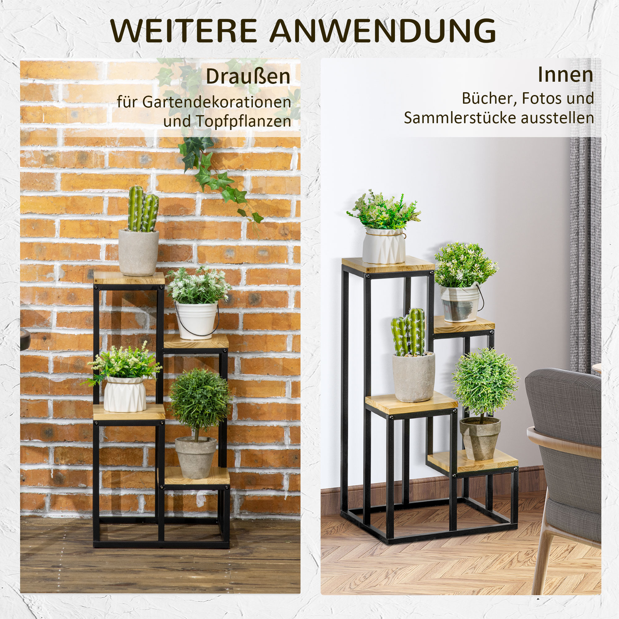 Pflanzenständer im Industrie Design mit 4 Regalen, Blumentreppe, 34 cm x 34 cm x 66 cm, Natur + Schwarz