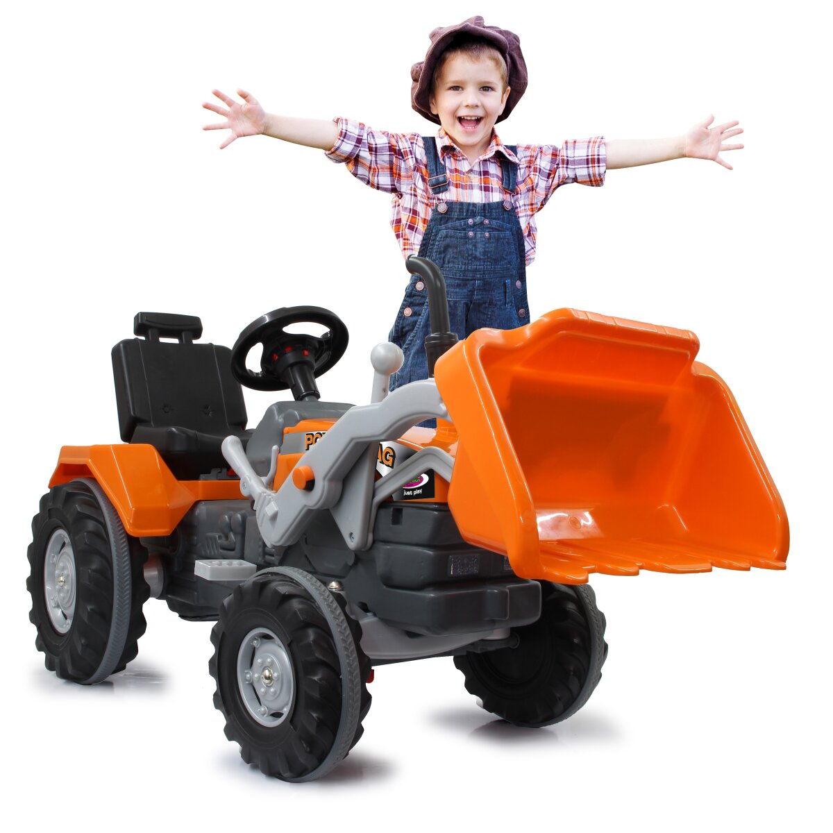 Trettraktor mit Frontlader Power Drag orange Trettraktor mit Frontlader Power Drag orange