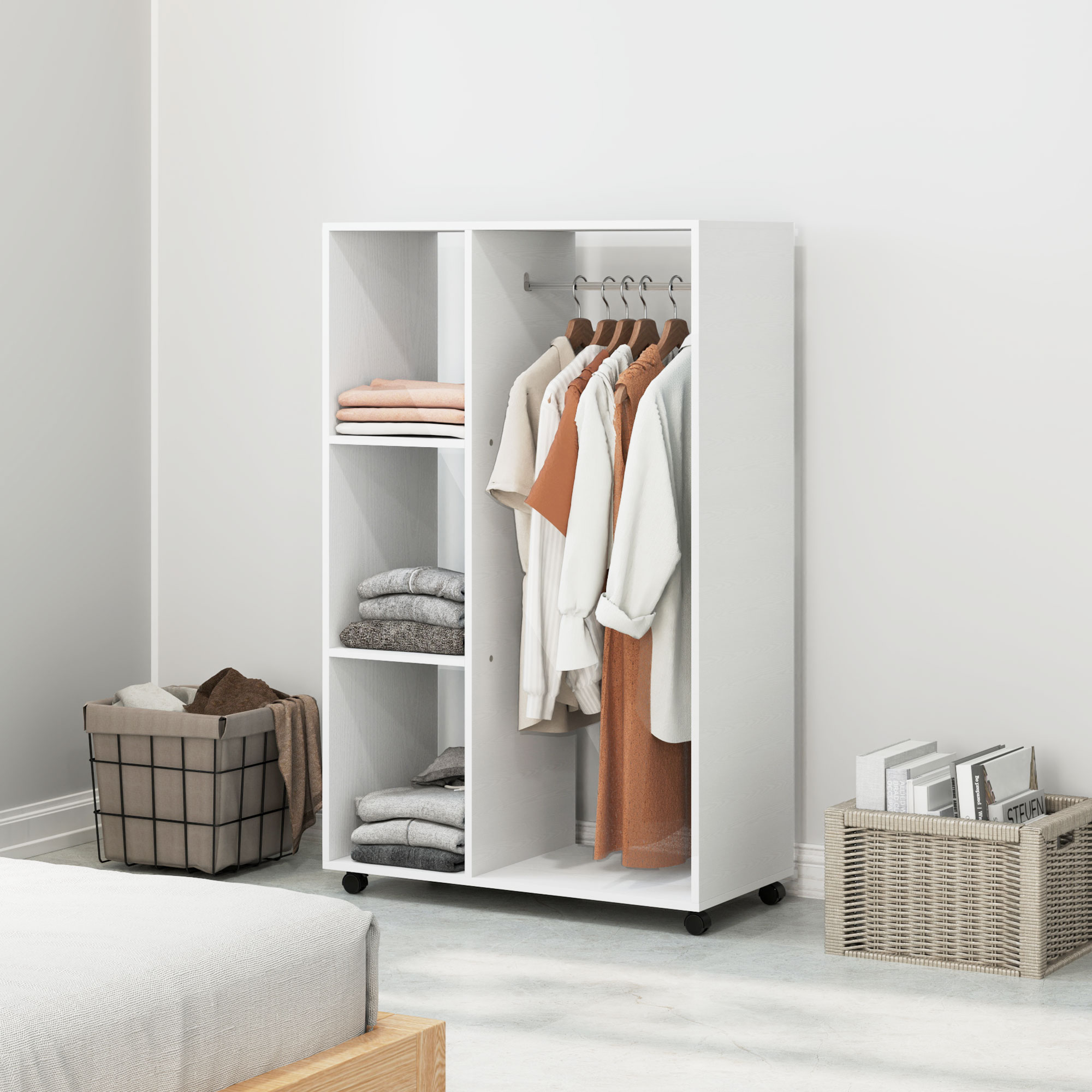 Kleiderschrank auf Rollen, mobile Garderobe, Garderobenschrank, Rollbarer Kleiderständer, 80 x 40 x 128 cm, Weiß