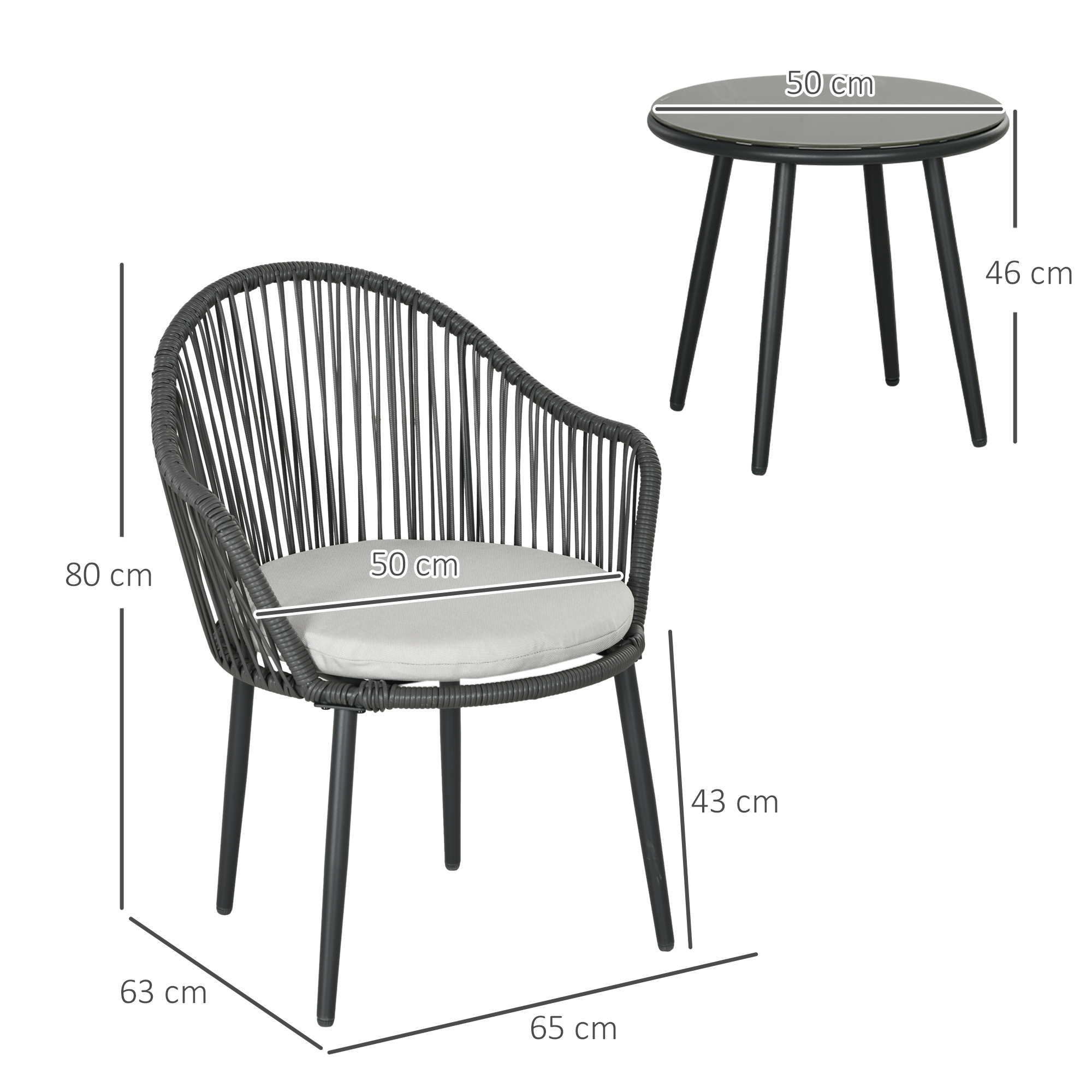 Bistro-Set Rattan-Sofa-Set Terrassen-Set, 2 Stühle, 1 Tisch, wetterbeständig, 65 x 63 x 80 cm, Dunkelgrau + Hellgrau