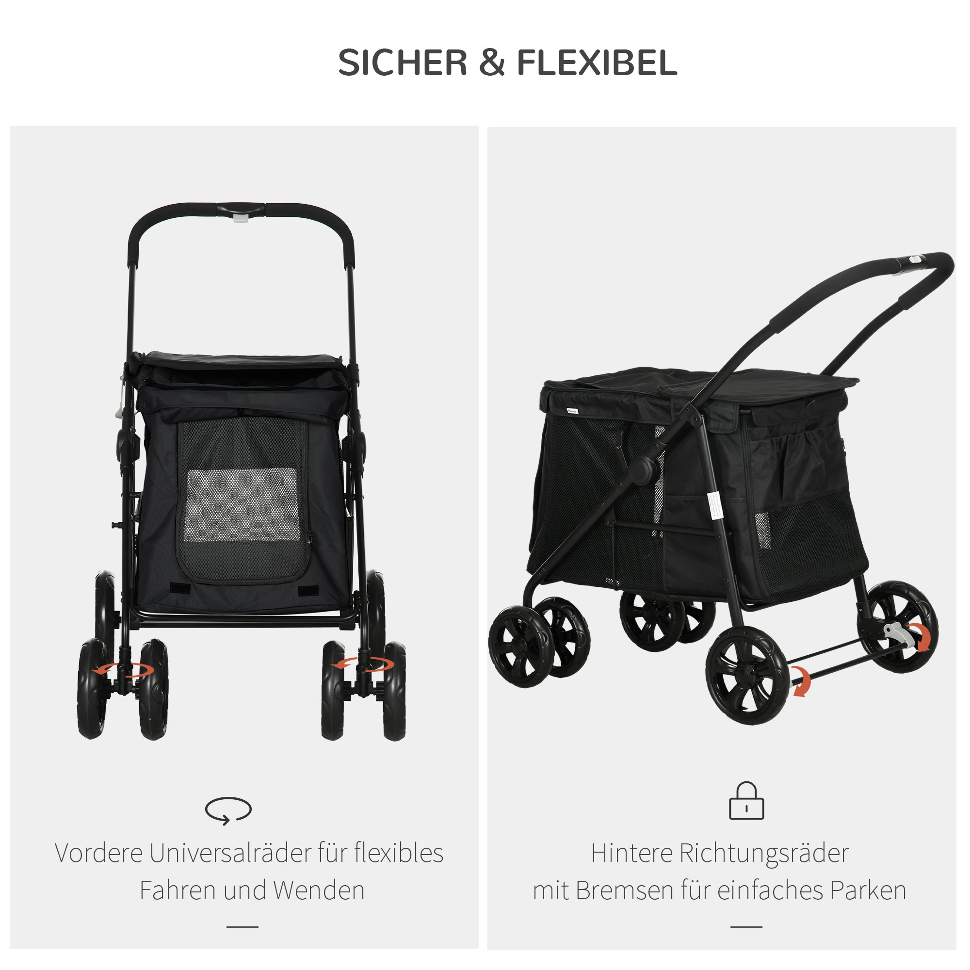 Hundetrolley inkl. Kissen, 3 Seitentaschen, klappbar, Hundewagen, 102 cm x 62 cm x 105 cm, Schwarz
