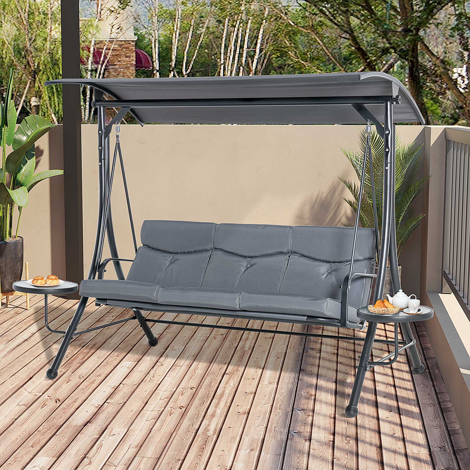 Hollywoodschaukel 3-Sitzer Gartenschaukel Schaukelbank mit verstellbarem Sonnendach Teetisch Stahl Polyester Grau+Schwarz 271 x 125 x 177 cm