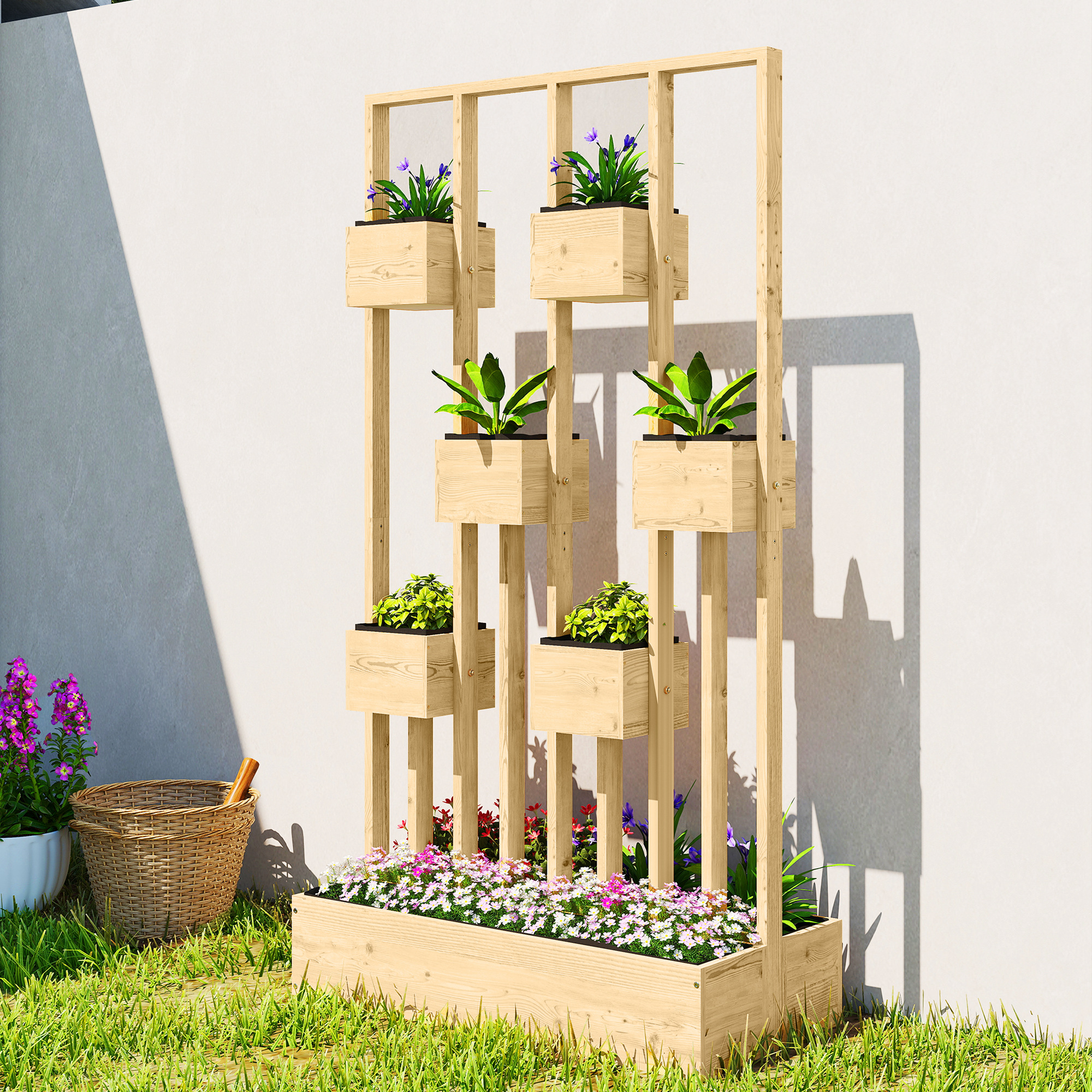 Hochbeet mit Rankgitter Körbe, Holz Pflanzkasten Pflanzkübel Blumenkasten, 90 x 45 x 170 cm