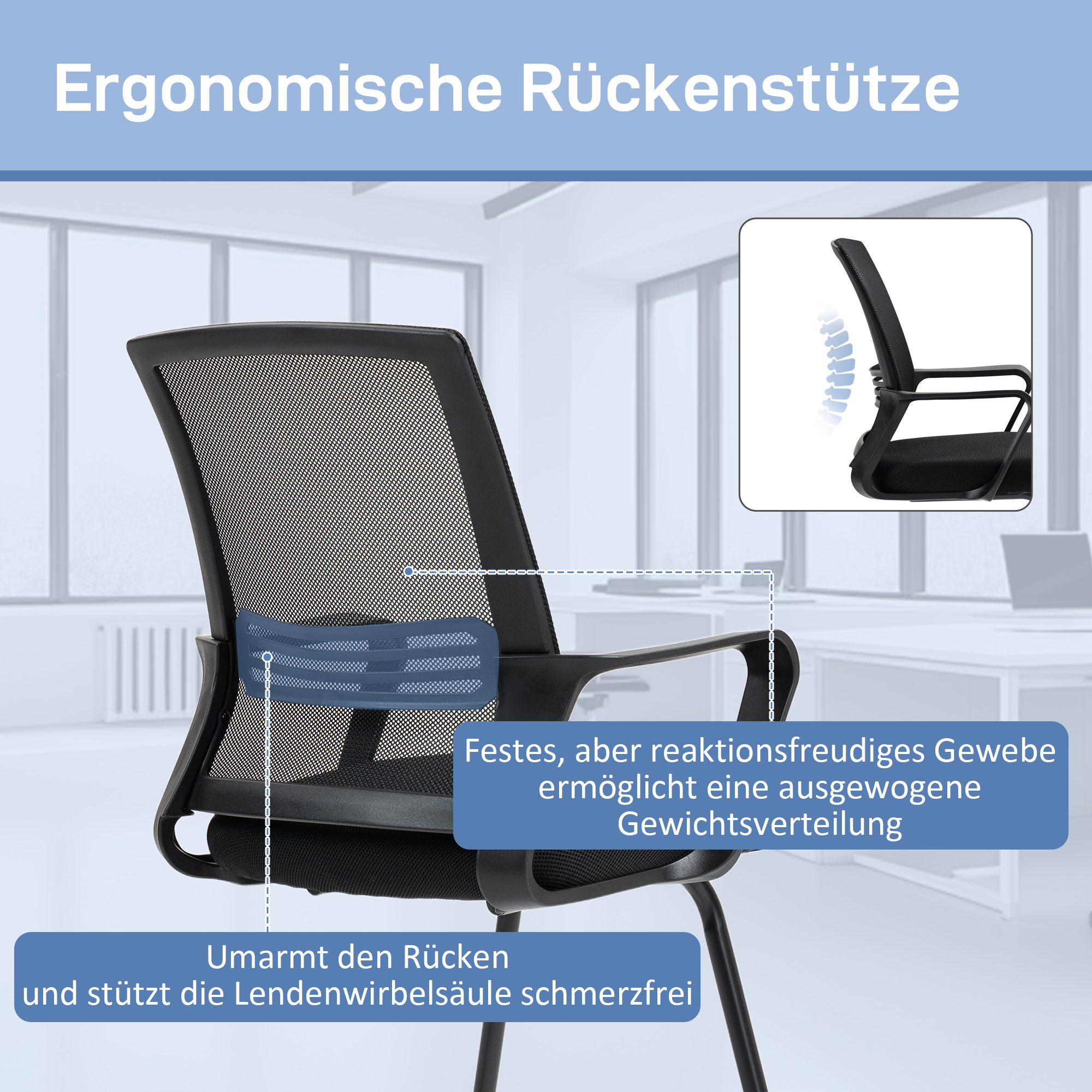 ergonomischer Stuhl, Netzstoff, Schaumstoff, Metallbeine, Kufenbasis, Schwarz