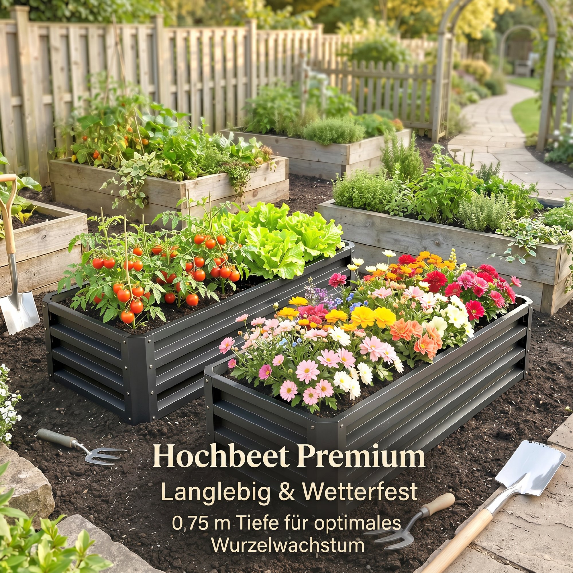 Hochbeet Metall 2er-Set, Offener Boden, Für Garten Balkon, 110x50x30cm, Dunkelgrau