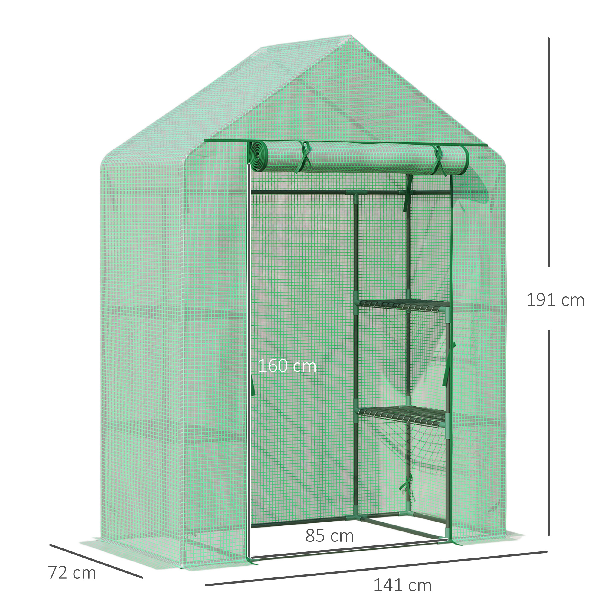 Foliengewächshaus Gewächshaus mit 6 Regalebenen begehbares Gartenhäuschen Treibhaus Tomatenhaus Pflanzenhaus mit aufrollbarem Eingang Frühbeet Grün 141 x 72 x 191 cm