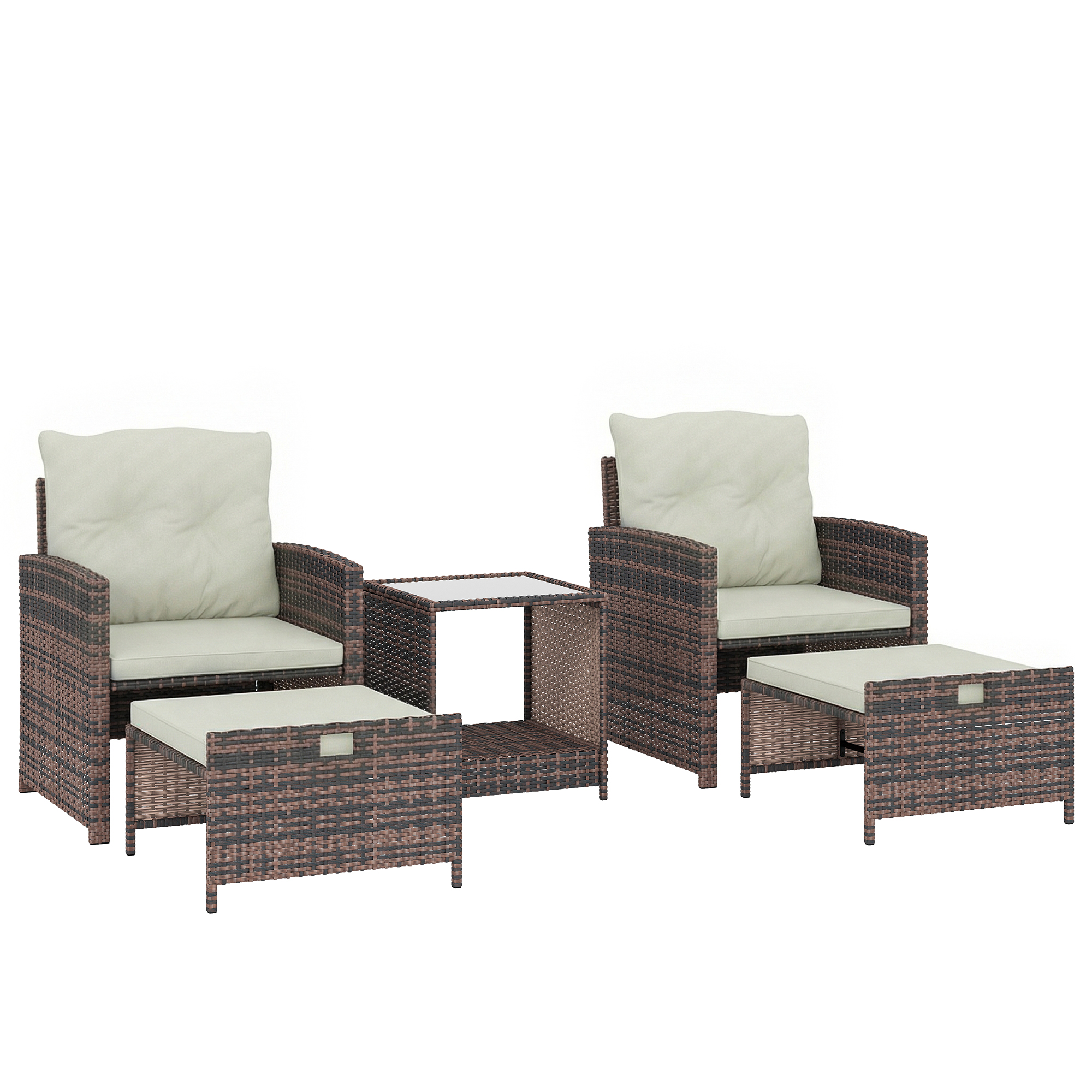 Rattan Gartenmöbel Set 5-teiliges Balkonmöbel Set mit 2 Stühle Kissen Hocker Tisch Staufach Cremeweiß
