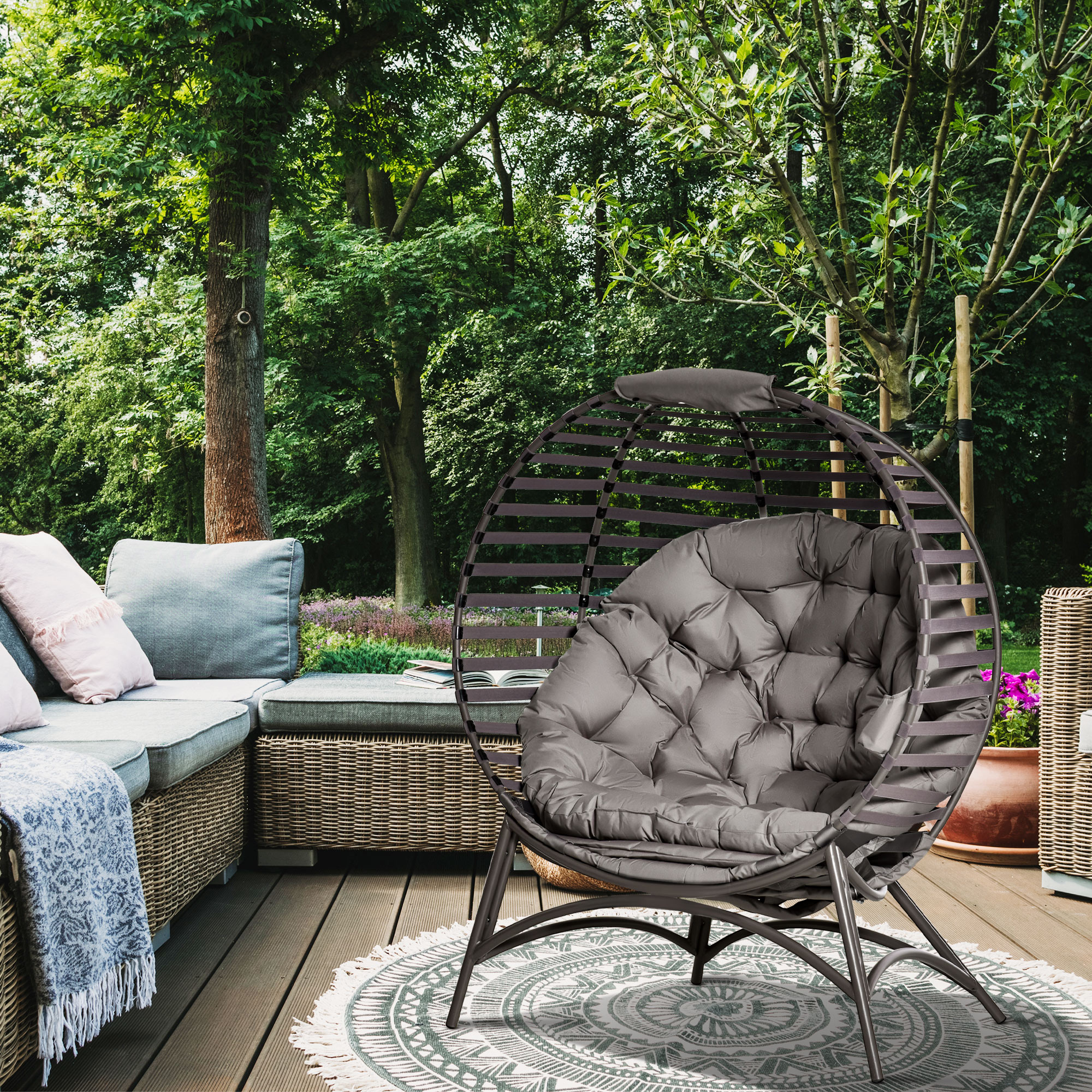 Papasansessel Gartenstuhl 2Korb-Stuhl mit Kissen oval Loungesessel Korb faltbar Balkon Terrasse Outdoor/Indoor Sandbraun Stahl 118 x 75 x 139 cm