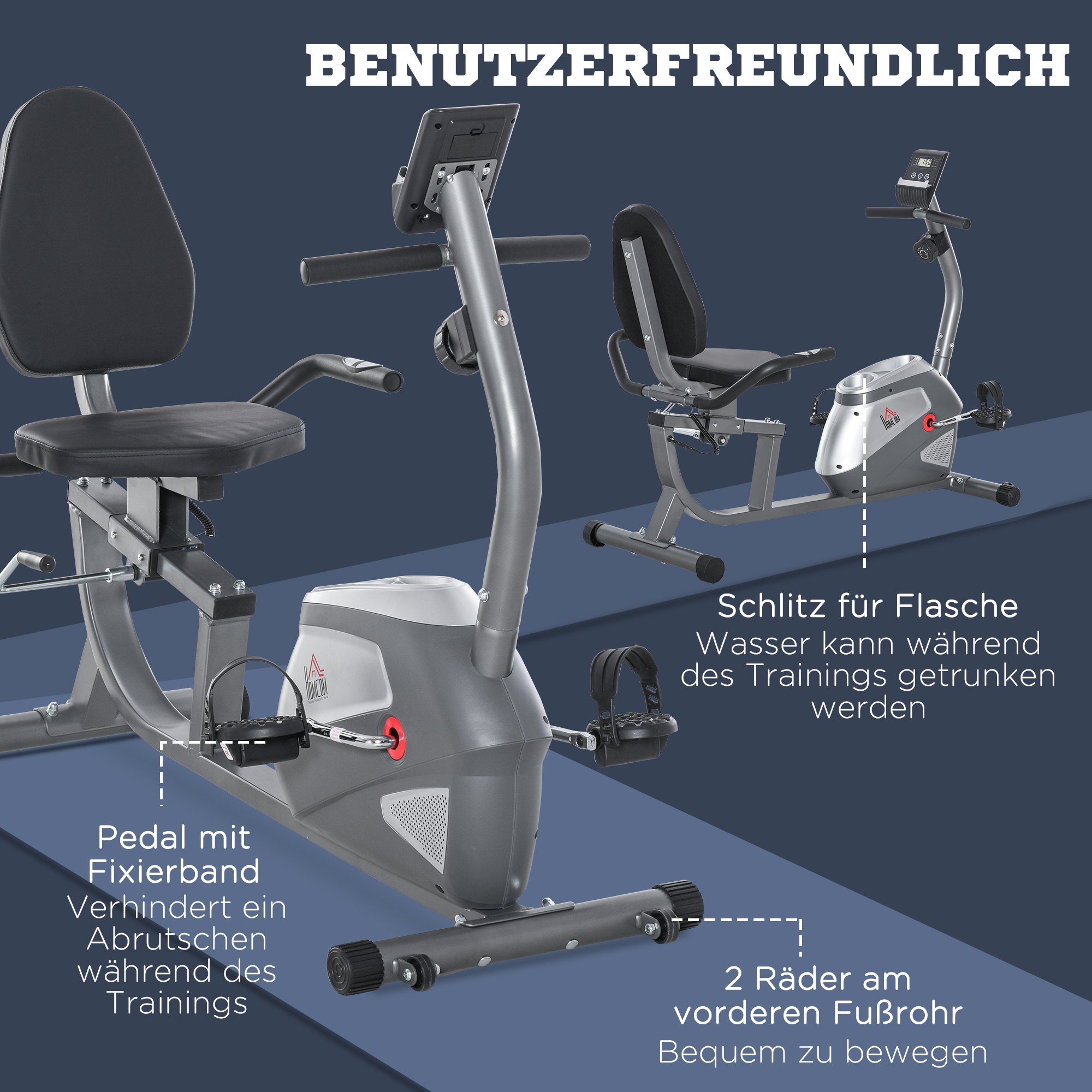 Liegeergometer mit LCD-Anzeige 8 stufig einstellbarem Magnetwiderstand Liegeheimtrainer mit Herzfrequenzsensoren, verstellbarer Rückenlehne, Nutzergewicht bis 110 kg für zu Hause Gym