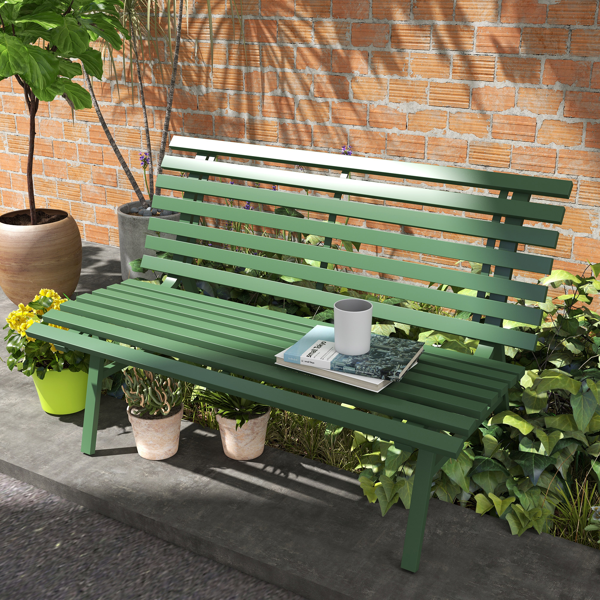 Gartenbank Sitzbank Parkbank, Lattendesign, wetterbeständig, Aluminium, 123 x 67 x 79 cm, Grün