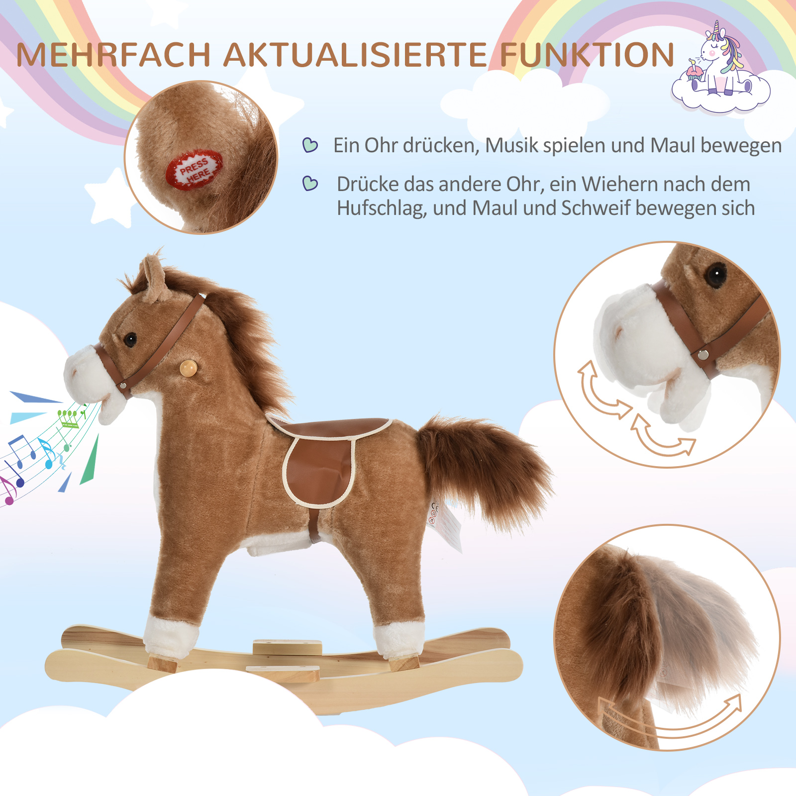 Kinder Schaukelpferd Baby Schaukeltier Pferd mit Tiergeräusche Spielzeug Haltegriffe für 36-72 Monate Plüsch Braun 65 x 32,5 x 61 cm