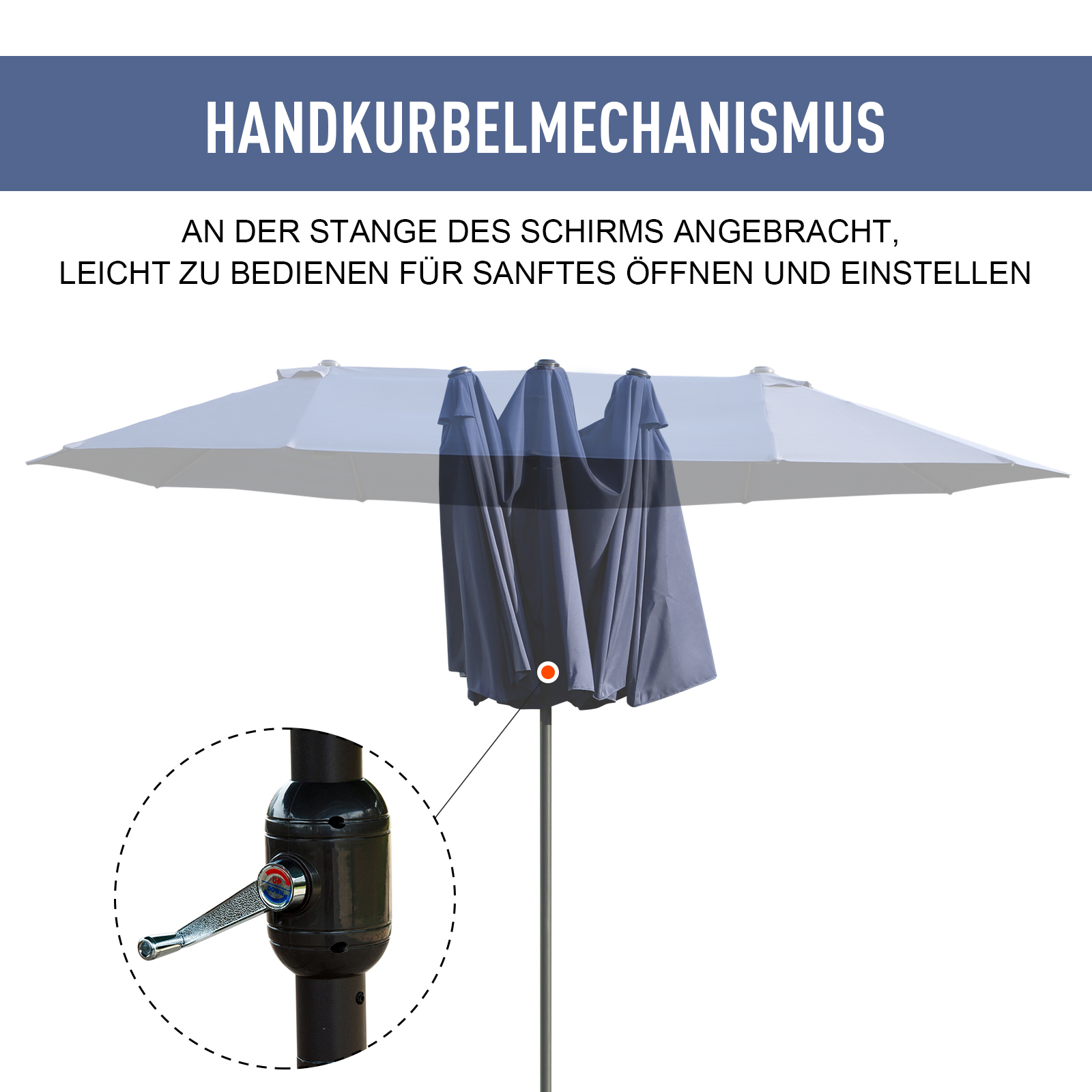Doppelsonnenschirm 455 x 270 cm Gartenschirm mit Handkurbel oval stabil Metallstange Marktschirm Doppelsonnenschirm Terrassenschirm Sonnenschutz für Strand Balkon Terrasse Garten Blau