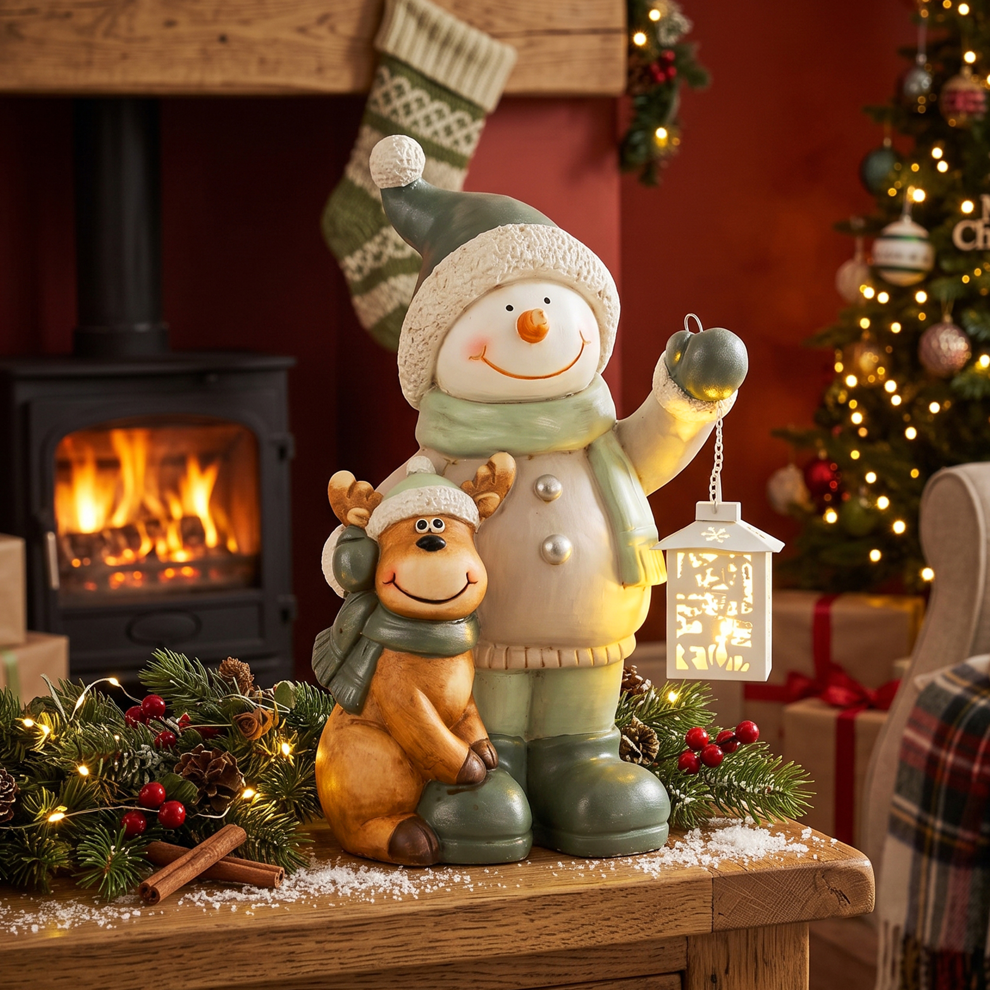 Schneemann-Figur 43 cm aus MGO mit LED-Laterne und Timer, für Eingangsbereich & Türbereich