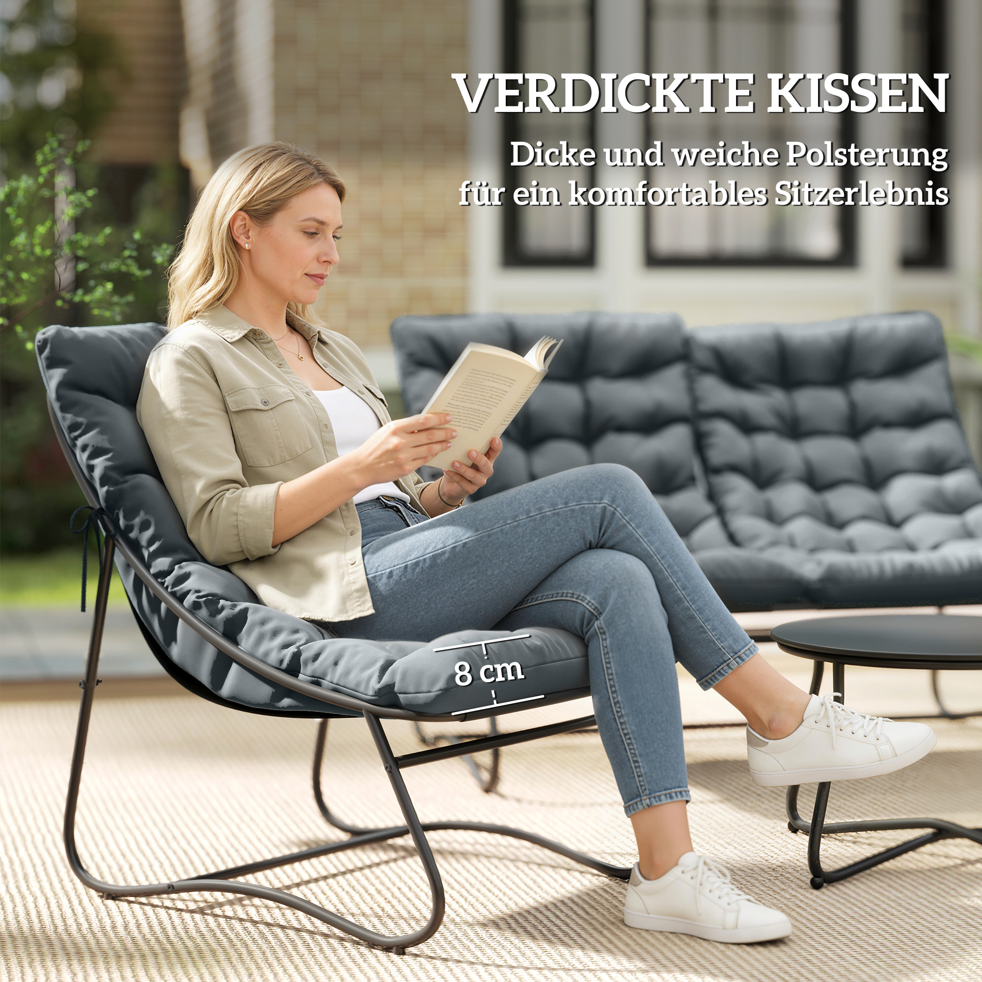 4-Sitzer Gartenmöbel-Set, 2 Stühle, 1 Doppel-Sofa, 1 Tisch, dicke Kissen, Stahlrahmen, für Terrasse, Grau
