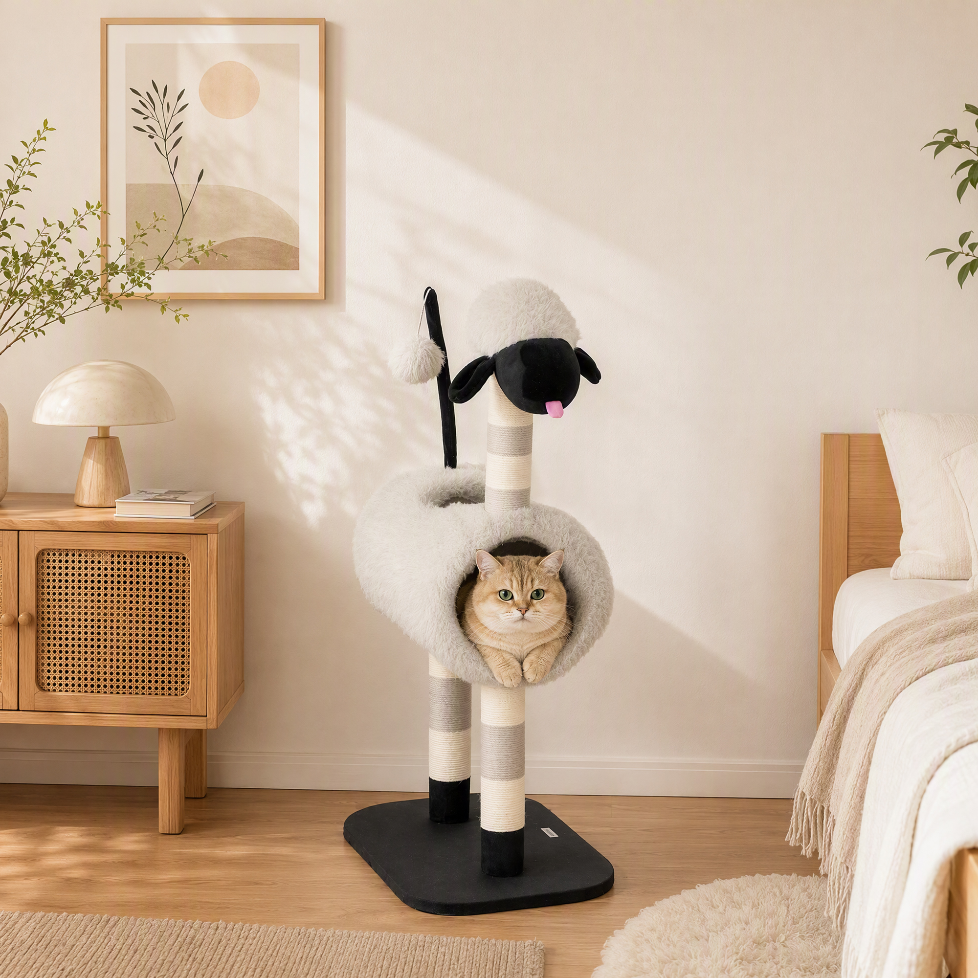 Katzenbaum im Schaf-Design, mit Kratzpfosten, Tunnel und Spielzeug, 98 cm, Hellgrau