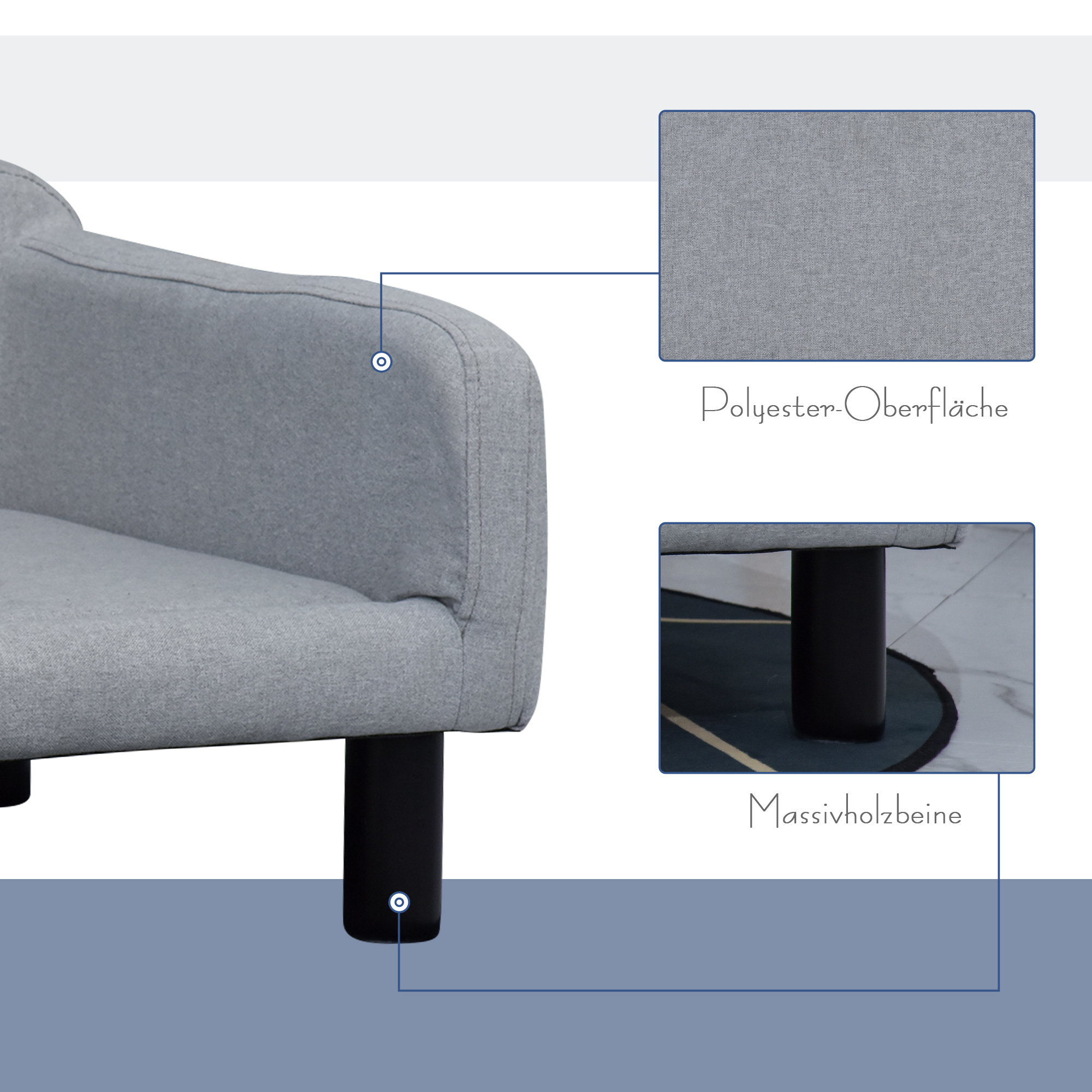 Hundesofa Hundebett Hundecouch aus Samt mit Rückenlehne, Holzbeine, Katzensofa für mittle Hunde 82 x 54 x 36 cm Hellgrau