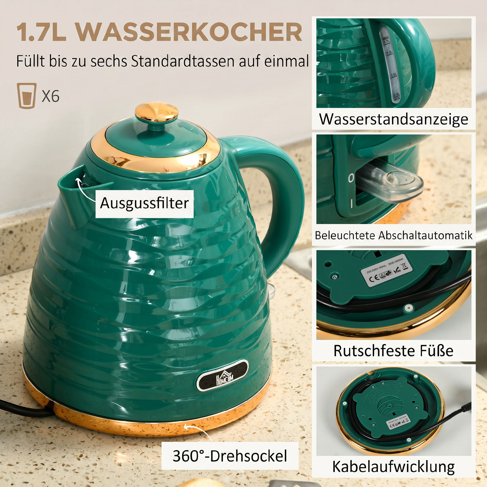 2-in-1 Toaster und Wasserkocher Set, 7 Bräunungsstufen, Auftau- und Aufwärmfunktion, Grün