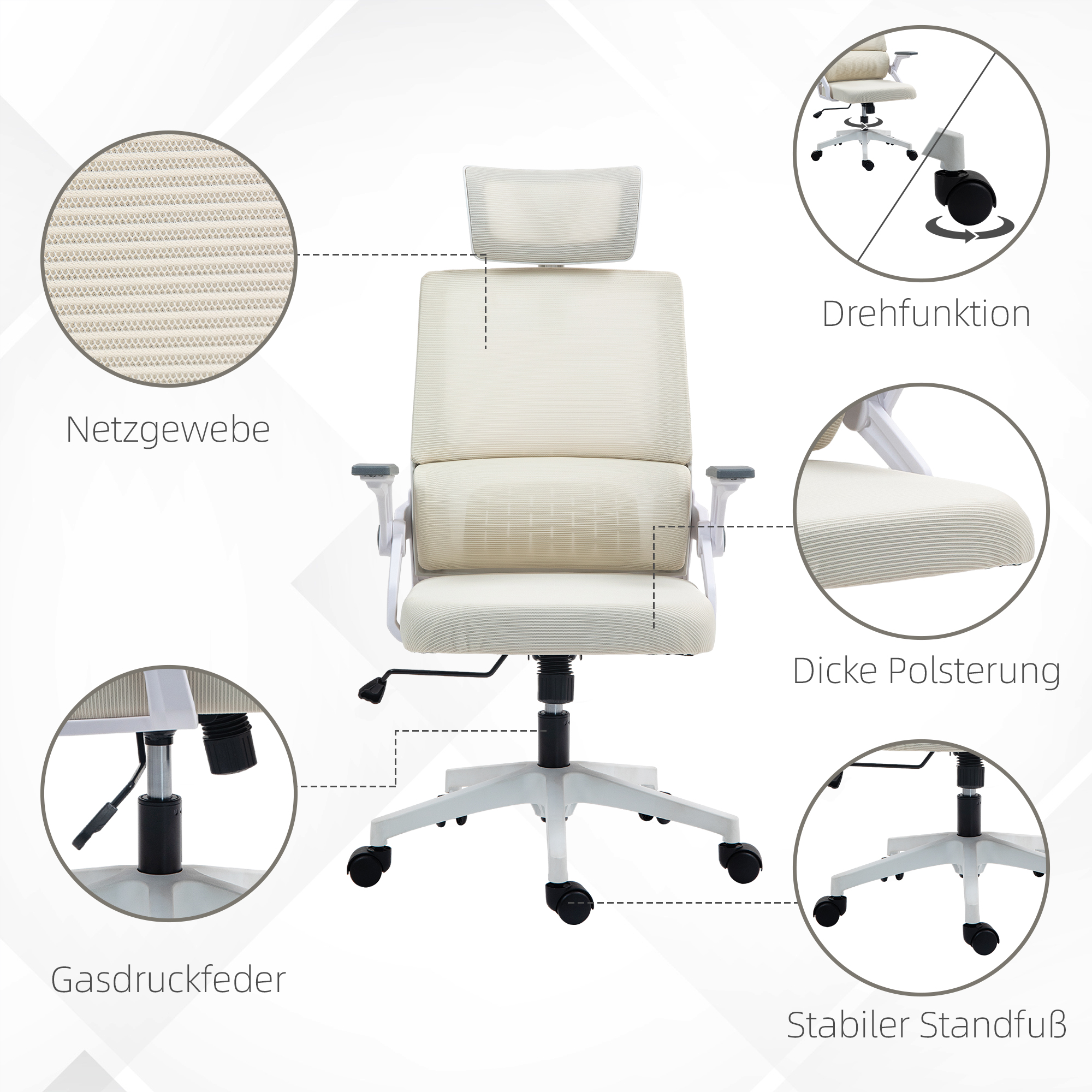 Bürostuhl Schreibtischstuhl Office-Stuhl, höhenverstellbar, 1 Kopfstütze, 60 x 61 x 121,5 cm Beige
