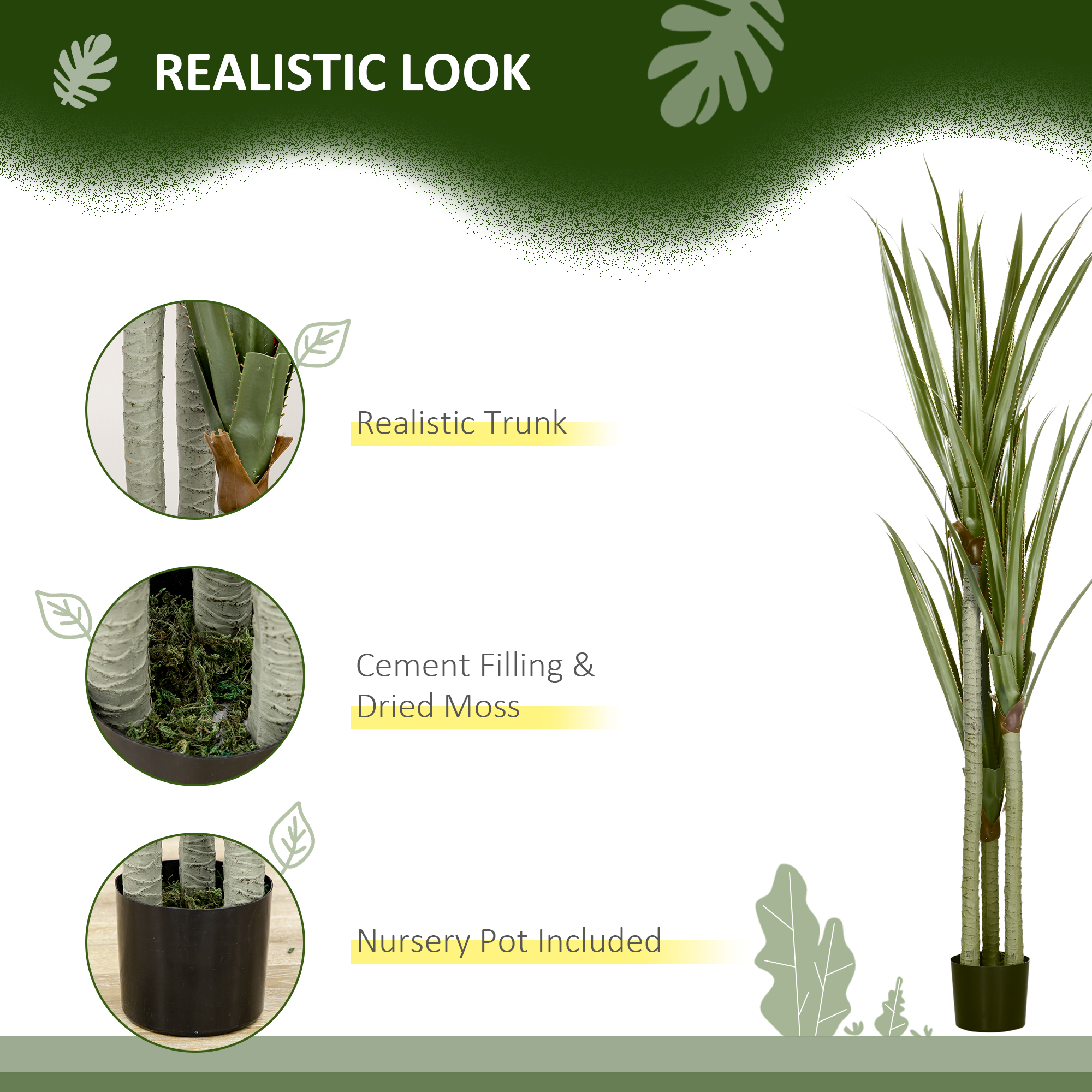 Künstliche Yucca groß 190cm Kunstpflanze, Plastik Künstliche Pflanze im Topf, 17 x 17 x 190 cm Smaragdgrün