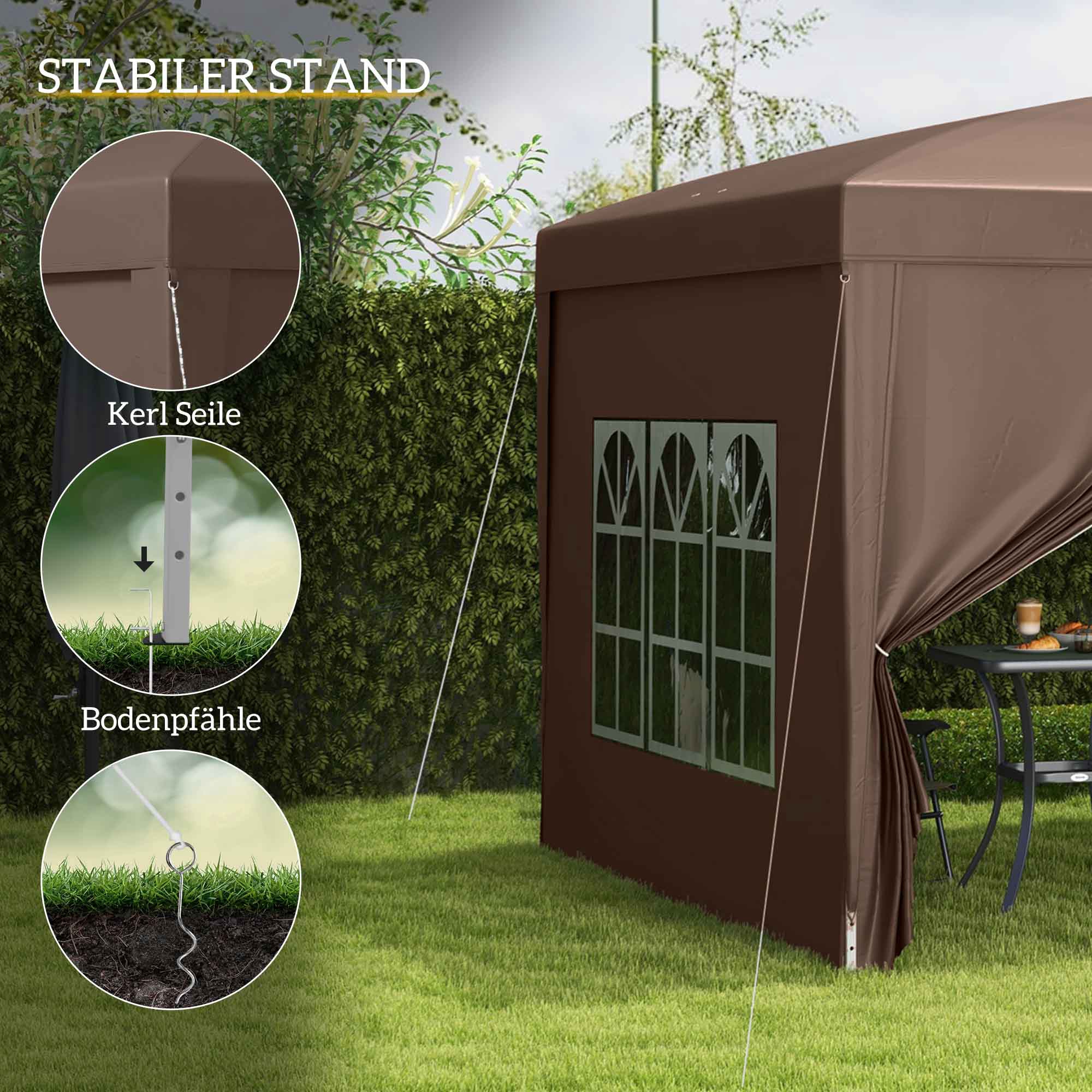 3 x 3 m Pavillon mit 4 Seitenwänden, Fenster, Festzelt mit UV-Schutz, Gartenzelt inkl, Tragetasche, Stahl, Kaffee