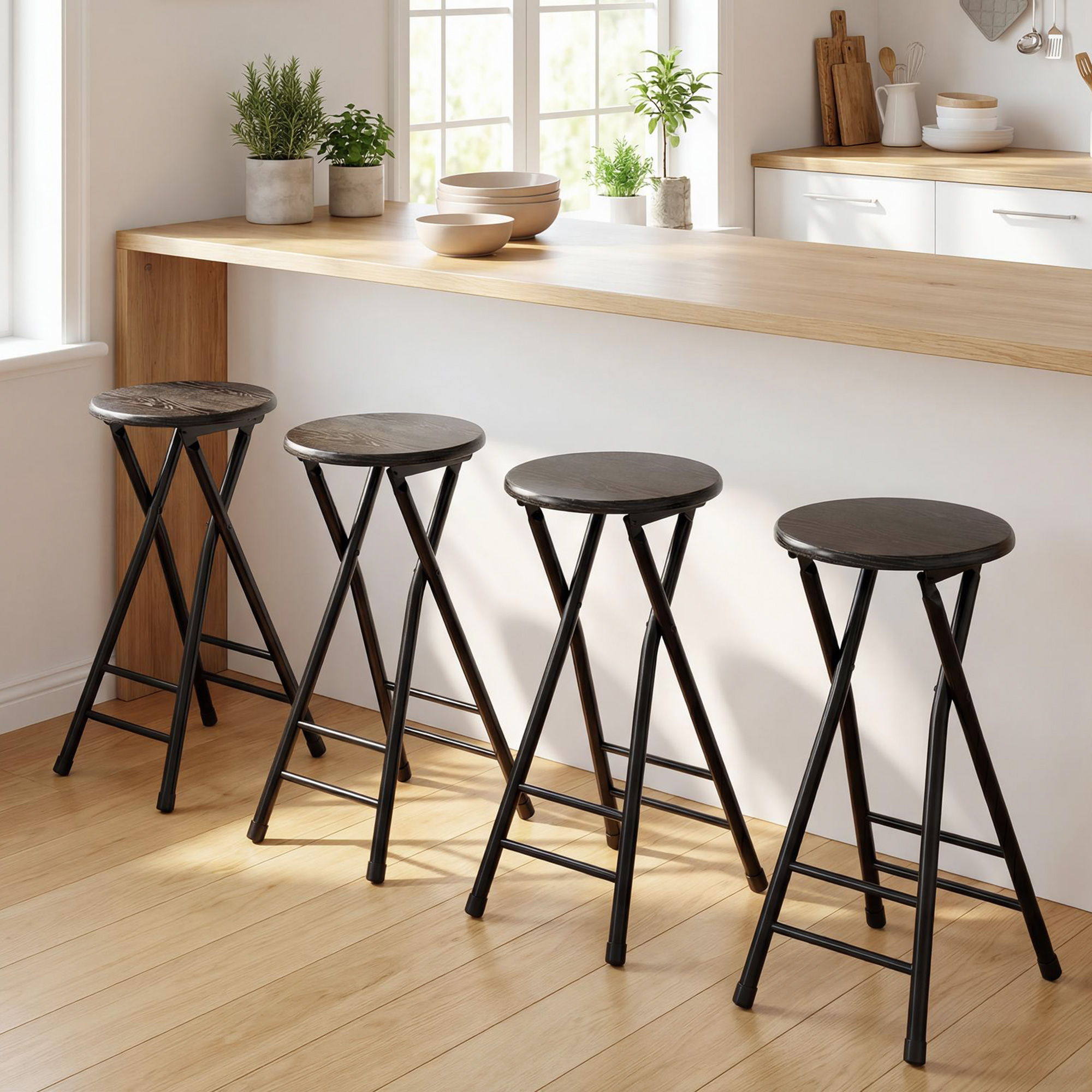 Barhocker 2er Set, Klappbar Barstuhl mit Stahlgestell, Küchenstühle mit doppelter Fußstütze 34 x 30 x 70 cm Schwarz