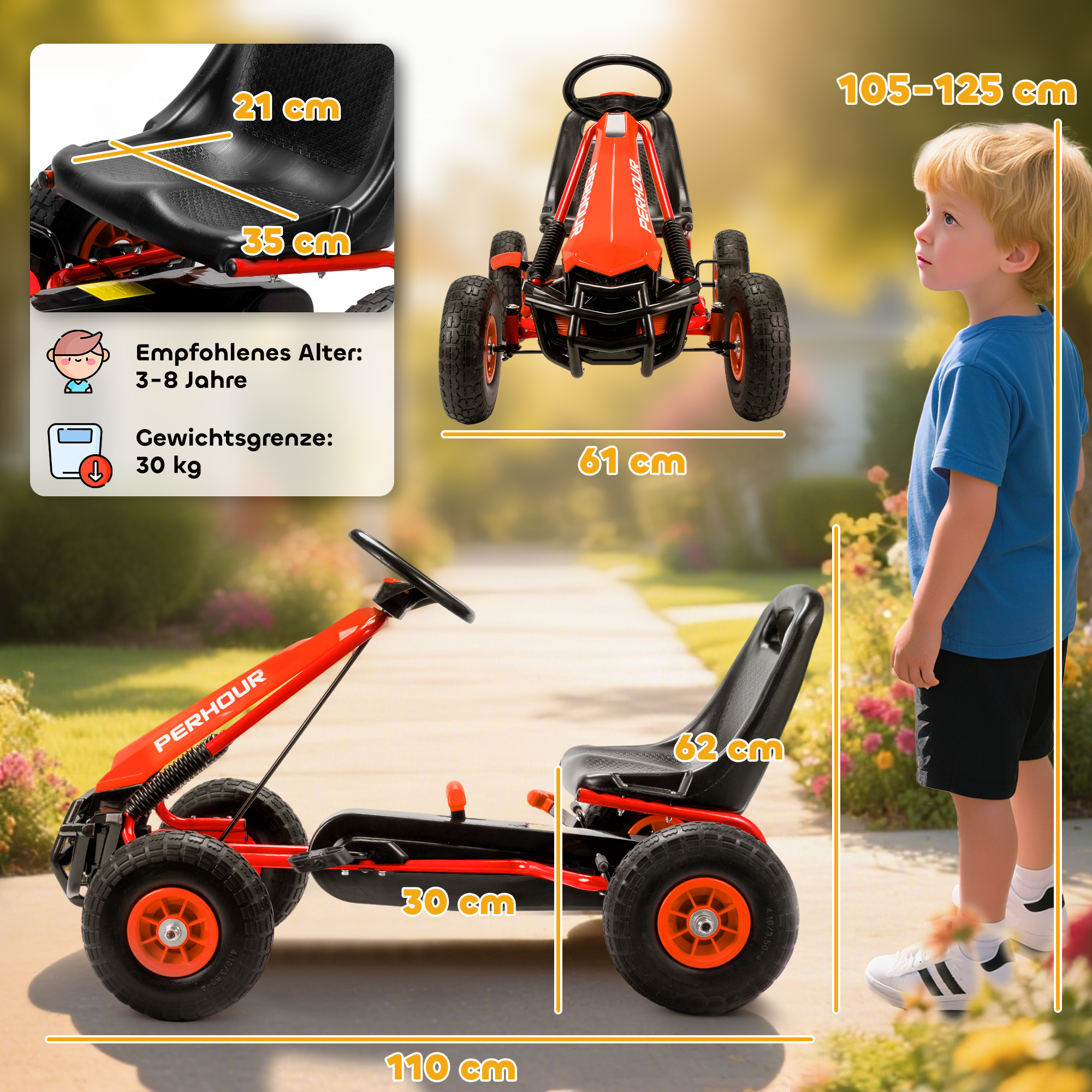 Pedal-Gokart für Kinder, höhenverstellbarer Sitz, EVA-Räder, Bremse, Kupplung, 3-8 Jahre, Rot