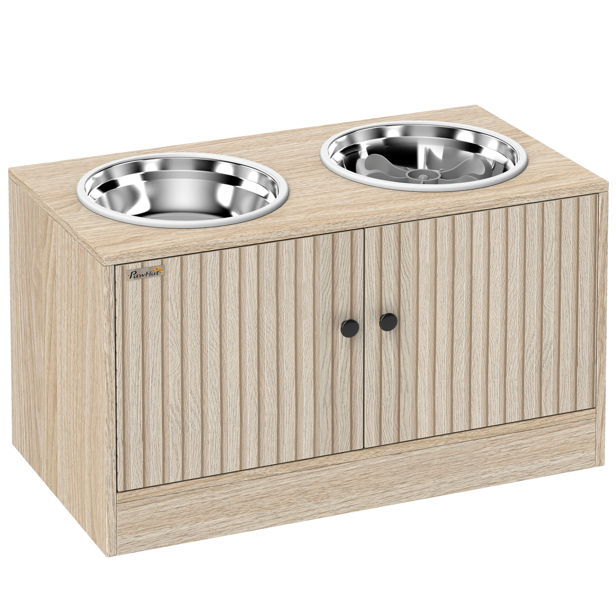 Hundefutterstation mit 2 Edelstahl-Näpfen, Schrank für Utensilien, für große Hunde, Zubehör, Holz