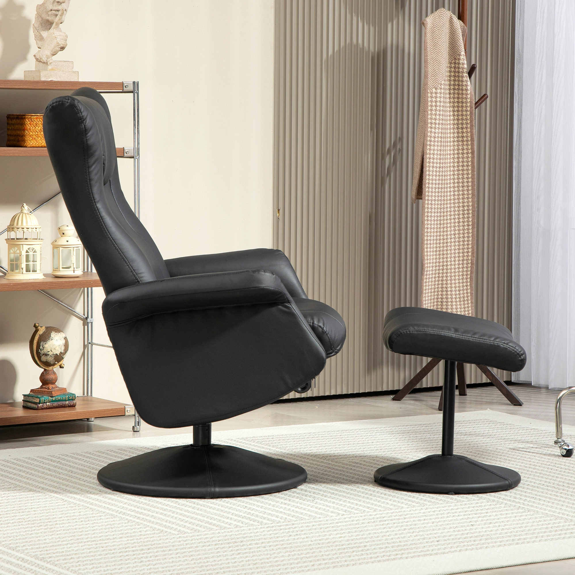 Chefsessel mit Hocker, Lederoptik, drehbar, verstellbare Lehne, bis 150 kg, Schwarz
