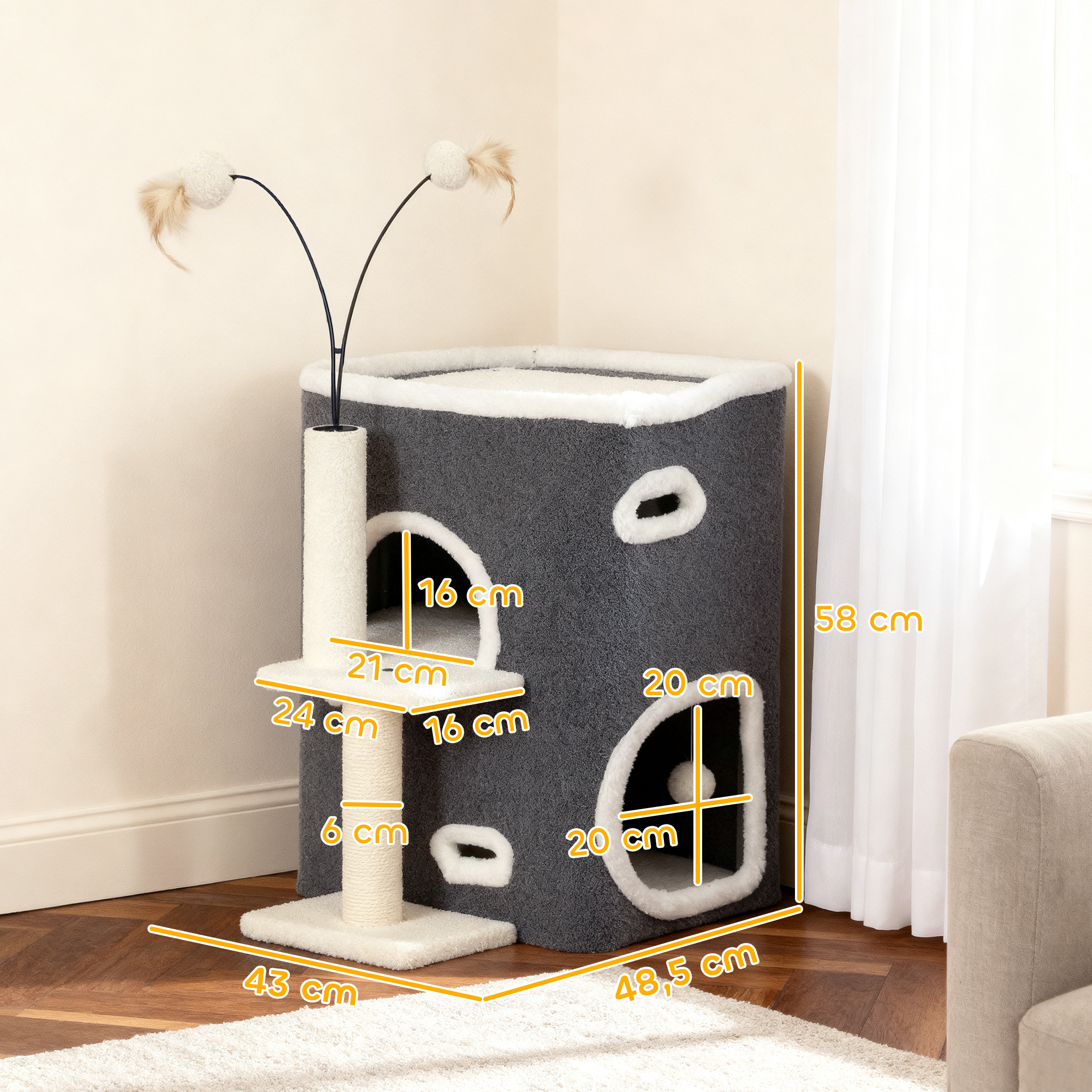 Katzenkratzbaum, Top-Liegefläche, 2-stöckiges Haus, Sisalpfosten, Grau