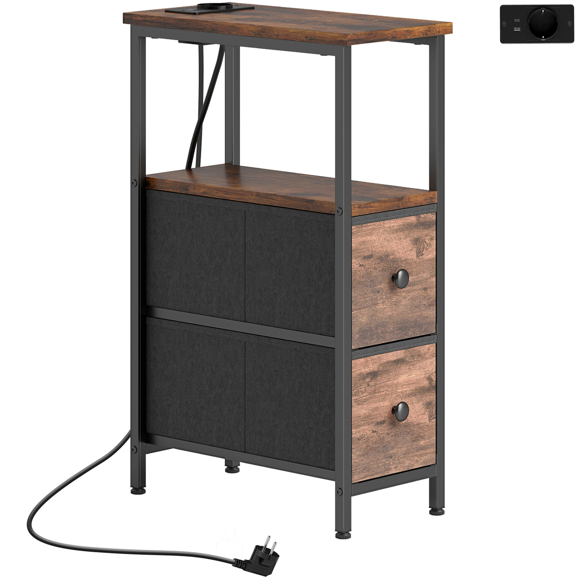 Couchtisch Beistelltisch mit Ladestation, Stahlrahmen, 2 Stoffschublade, offen Fach, 20cm x 40cm x 63cm, Rustikal-Braun
