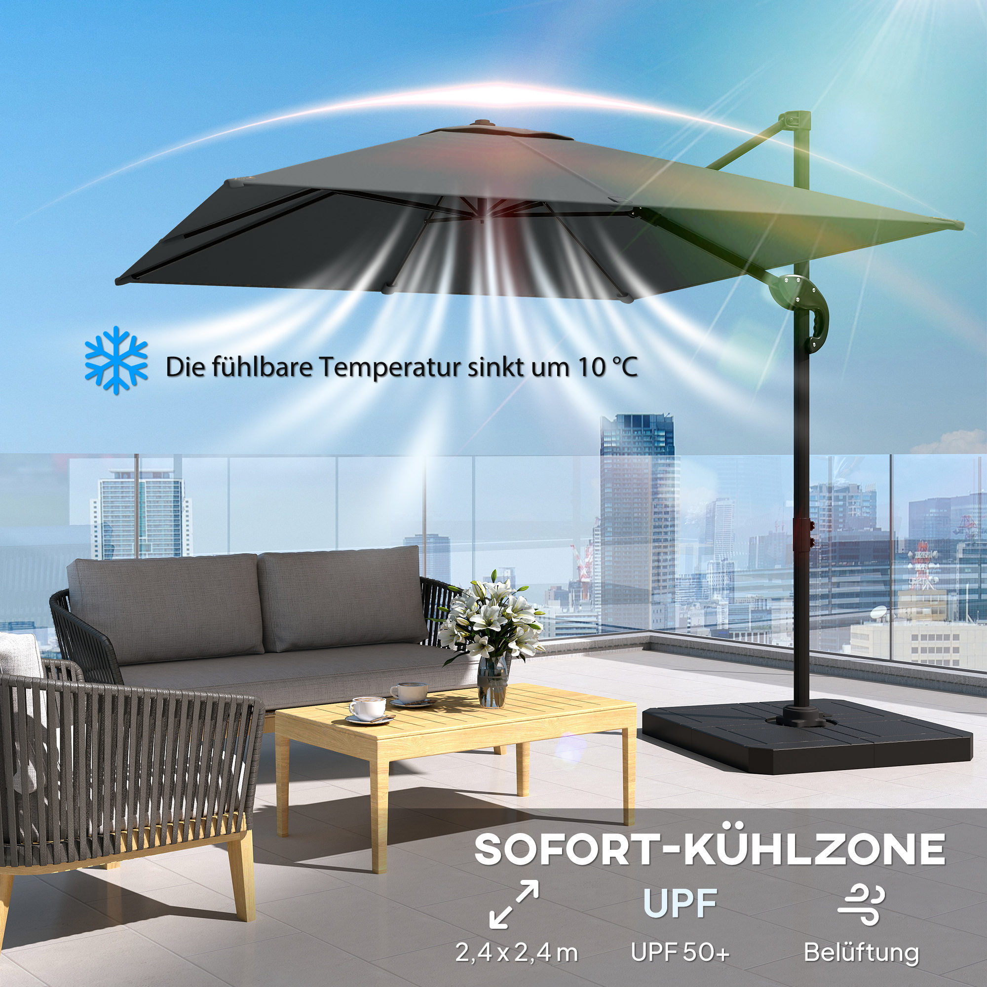 Alu Ampelschirm  Ø244cm Sonnenschirm mit Kurbel Ständer Wasserabweisend 360° drehbar Dunkelgrau