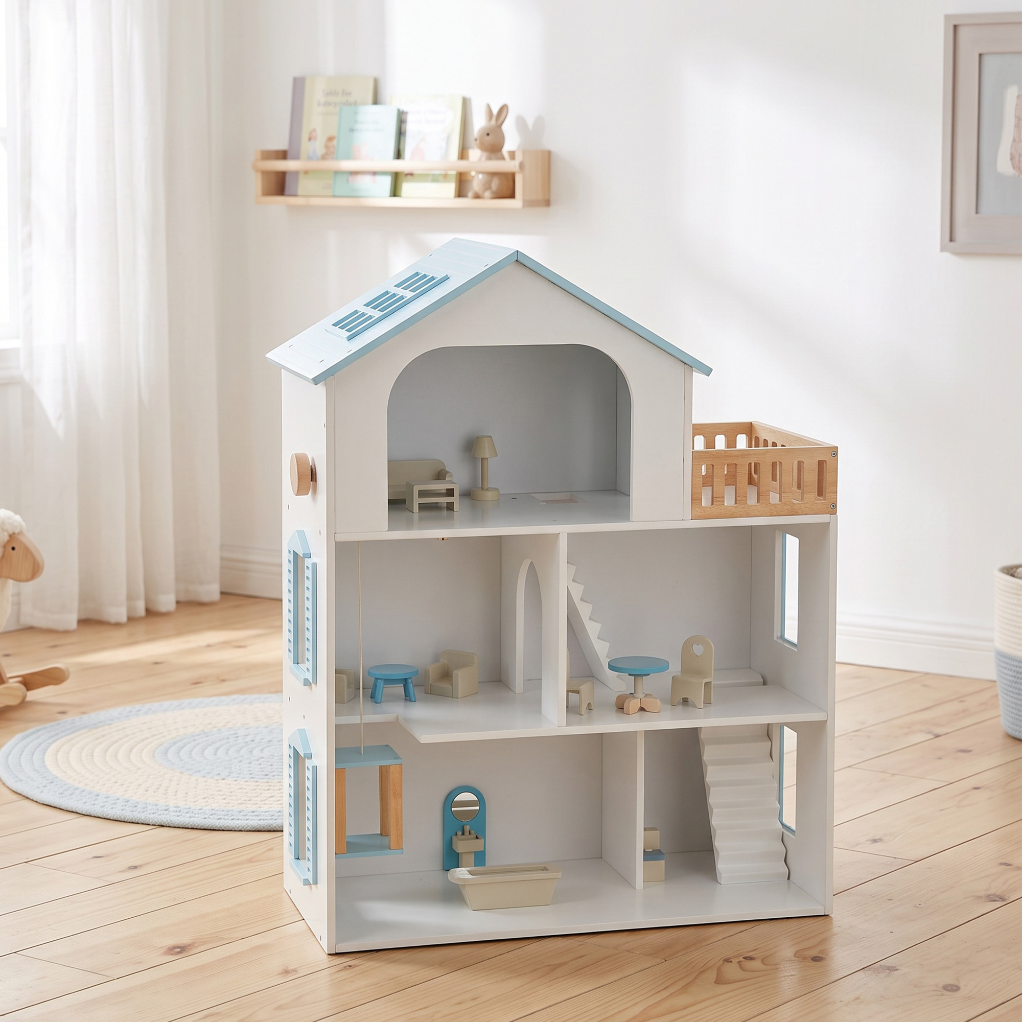 Puppenhaus 79,5 cm Hoch 3-stöckig mit Aufzug 13 Möbeln Balkon Groß Geschenk für Mädchen von 3-6 Jahren Blau