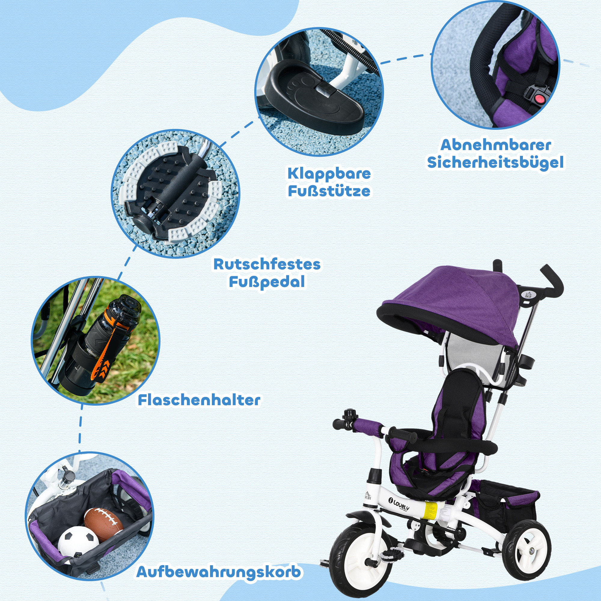 6-in-1 Kinderdreirad mit Schiebestange, Dach, Gurt, Ablagekorb, für 1-5 Jahre, Blau