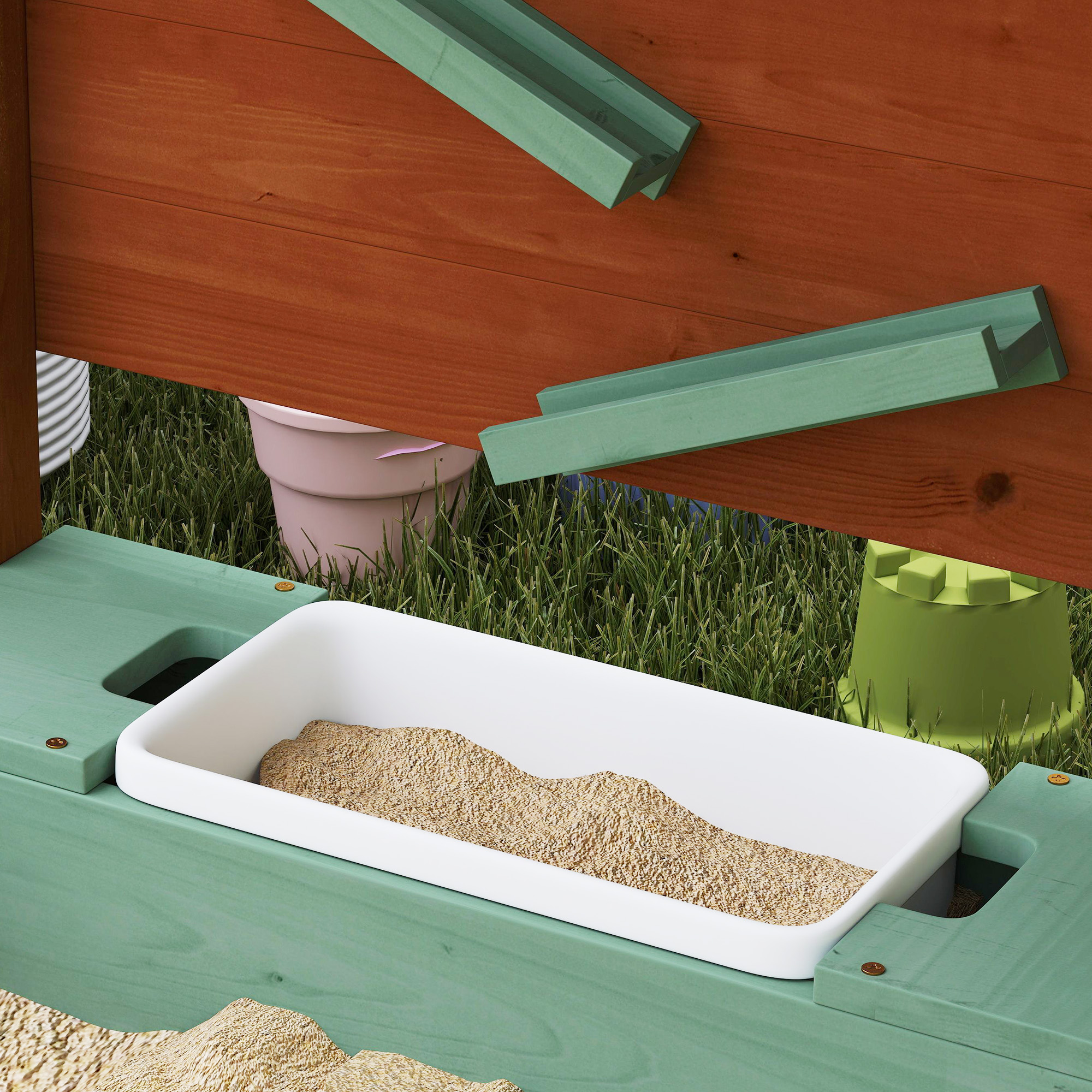 Sandkasten mit Sonnendach für Kinder, 2 Aufbewahrungsbehälter, 116L x 112,5B x 128H cm, Tannenholz, Kunststoff, Grün