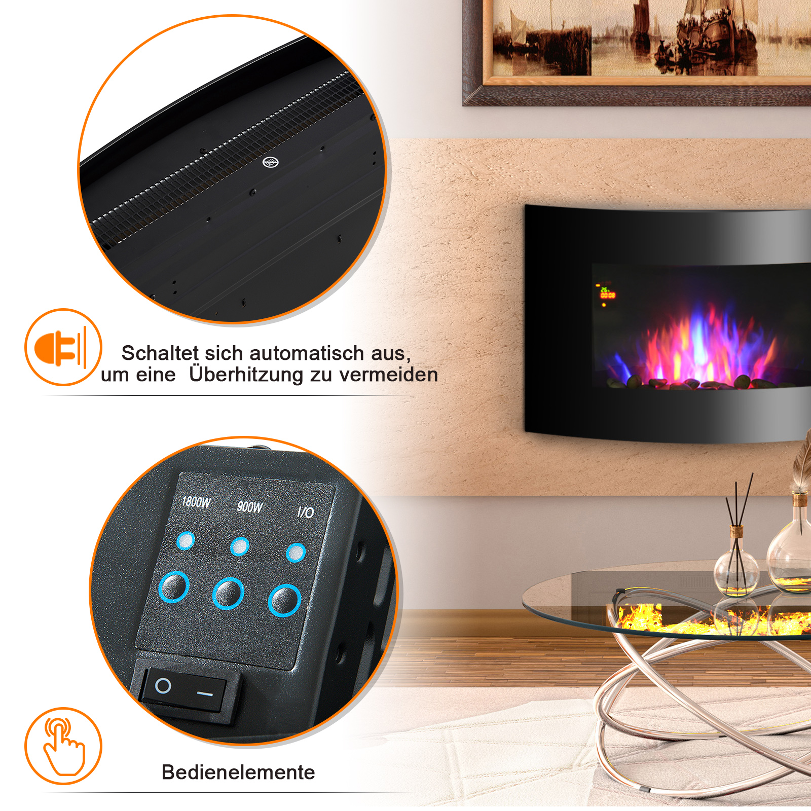 Elektrokamin mit Heizung, elektrischer Kamin mit 3D Flammeneffekt, 7 Flammenfarben, 900/1800 W, Wandkamin mit Timer, Dekokamin mit Fernbedienung, Schwarz, 65 cm
