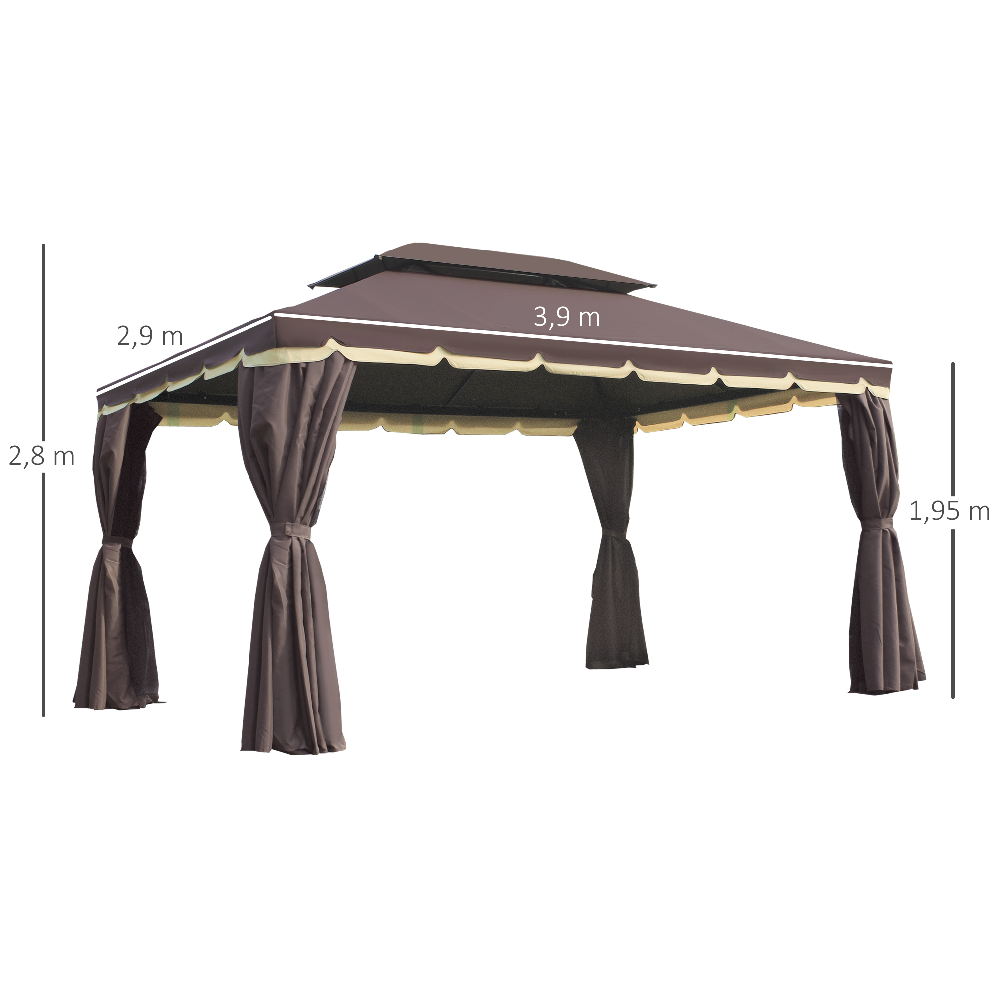 Gartenpavillon Pavillon 390 x 290 x 280 cm Gartenzelt Festzelt Partyzelt mit 4 x Seitenteile Moskitonetz wetterfest Aluminium Polyester Kaffee+Schwarz