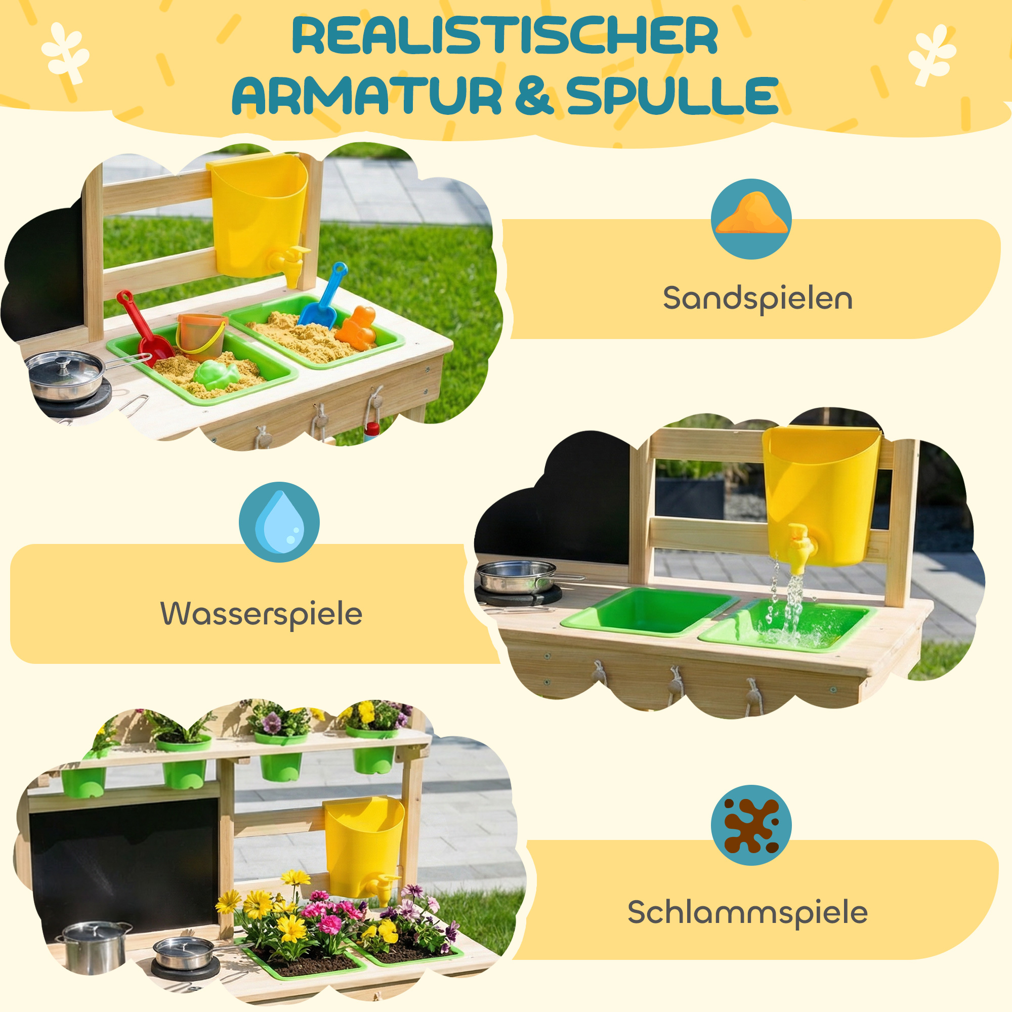 Matschküche Kinder Outdoor, Spielküche aus Holz mit Spüle Herd Pflanztöpfen Tafel für 3-6 Jahre 77x32x95 cm Naturholz