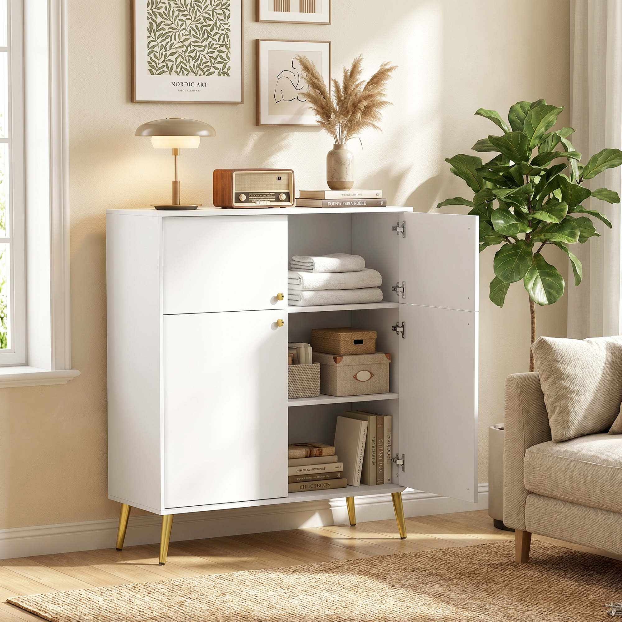 Modernes Sideboard, 105,4 cm Buffet mit Metallfüßen, für Esszimmer & Küche, Cremeweiß