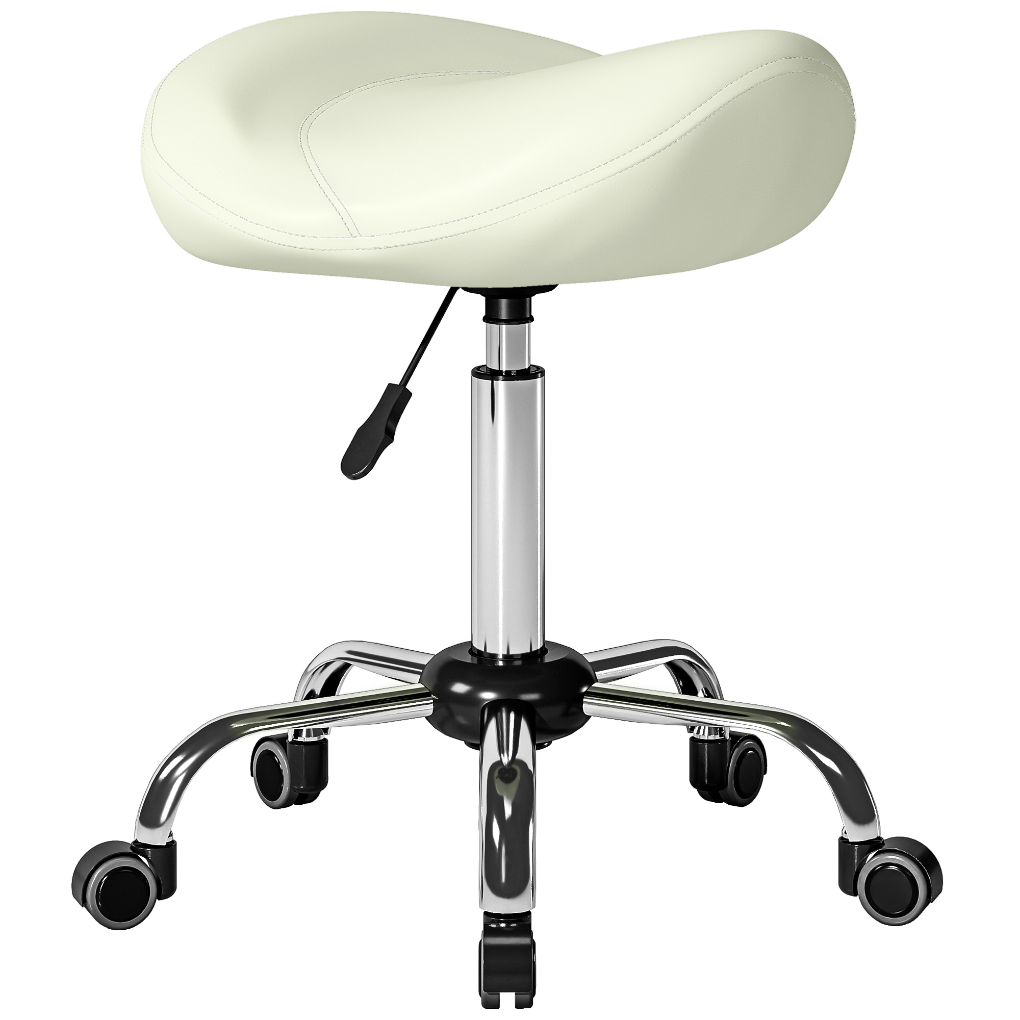 Sattelstuhl, höhenverstellbarer Rollstuhl mit PU-Leder für Massage, Spa, Klinik, Beauty und Tattoo, Cremeweiß