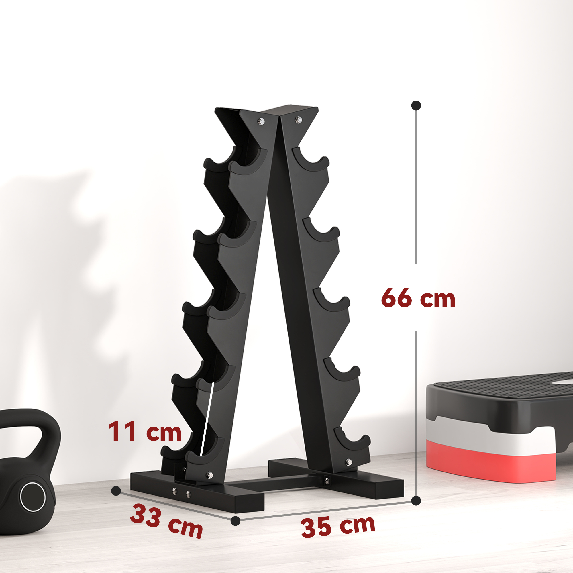 Hantelständer für 10 Kurzhanteln, 5 Ebenen, stabiles Stahlgestell, bis 100 kg, schwarz, 66 x 35 x 33 cm