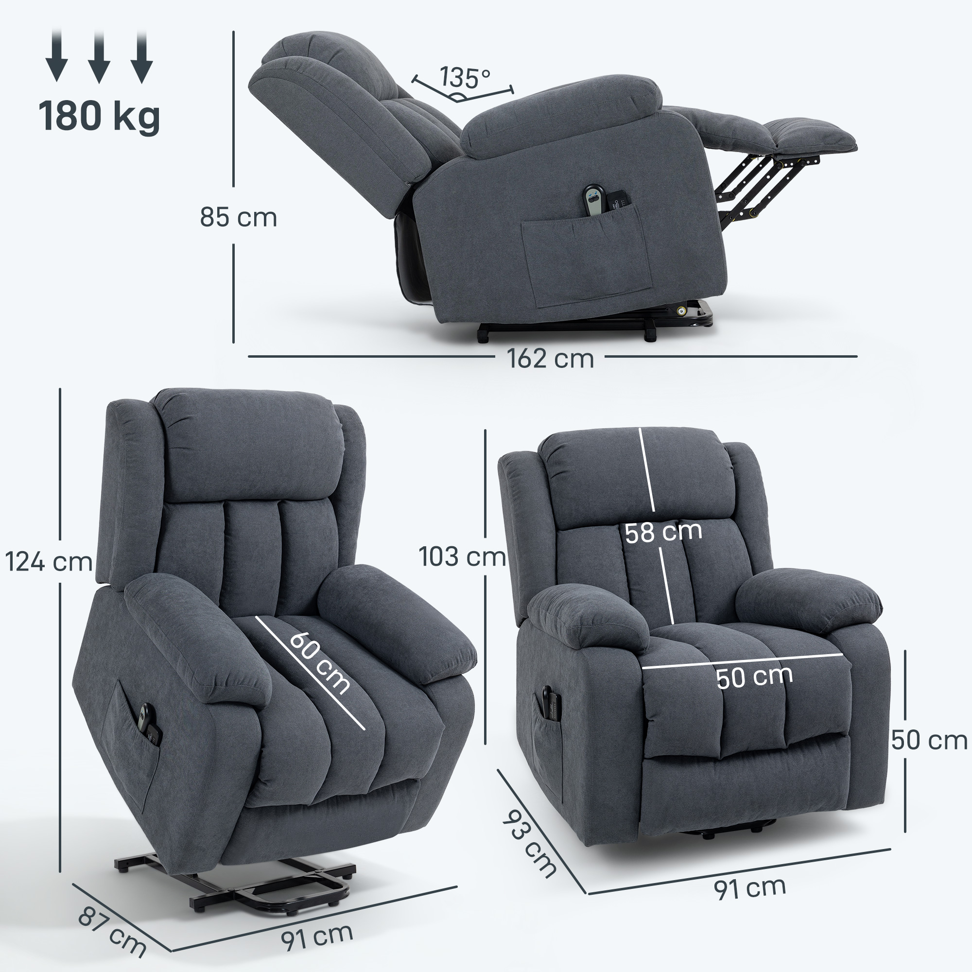 Fernsehsessel mit Aufstehhilfe Elektrisch Relaxsessel mit Liegefunktion, Massagefunktion, 93x91x103 cm, Dunkelgrau
