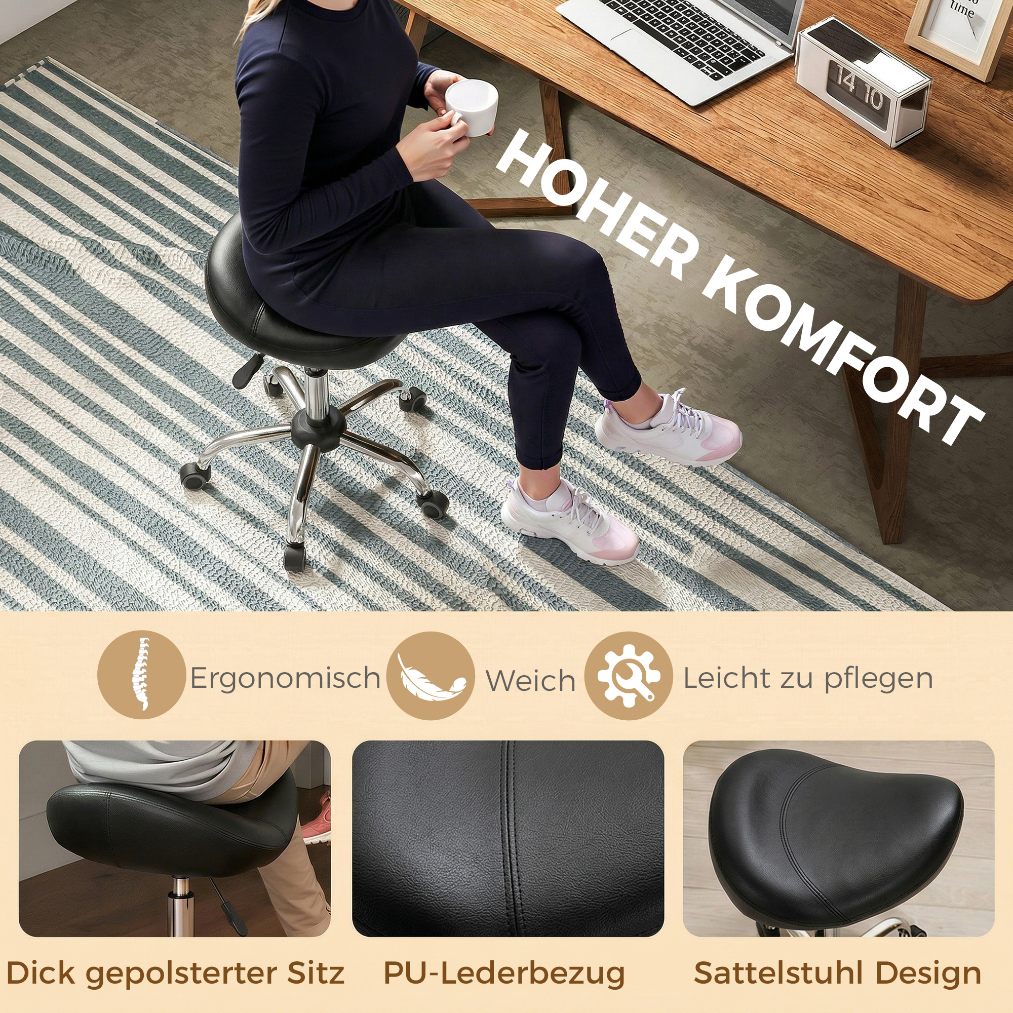 Salonhocker mit Sattelsitz, höhenverstellbar, Kunstleder, 48x48x54-69cm, Schwarz