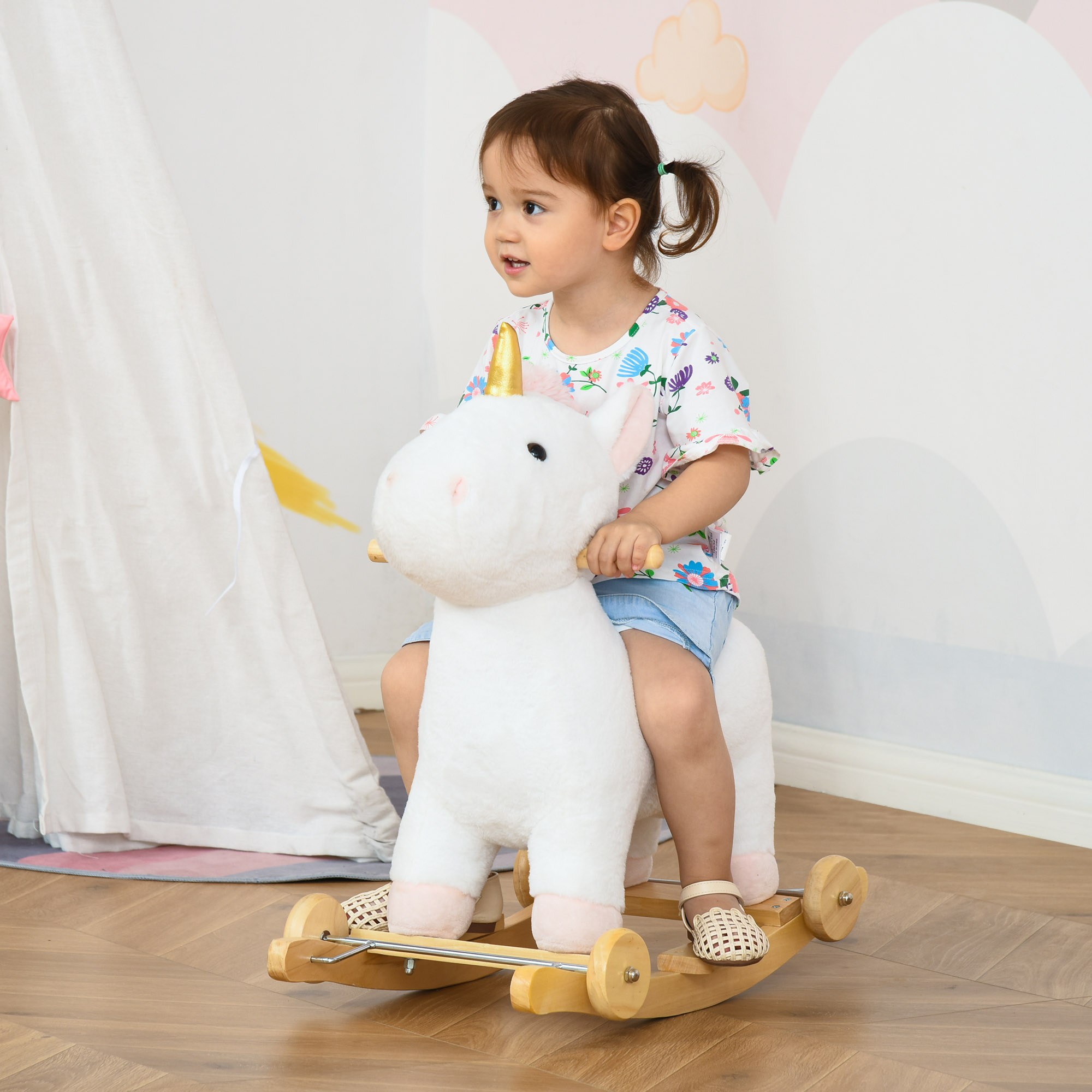 2-IN-1 Schaukelpferd mit Räder Plüsch Schaukeltier Babyschaukel Spielzeug Weiß 63 x 38 x 63 cm